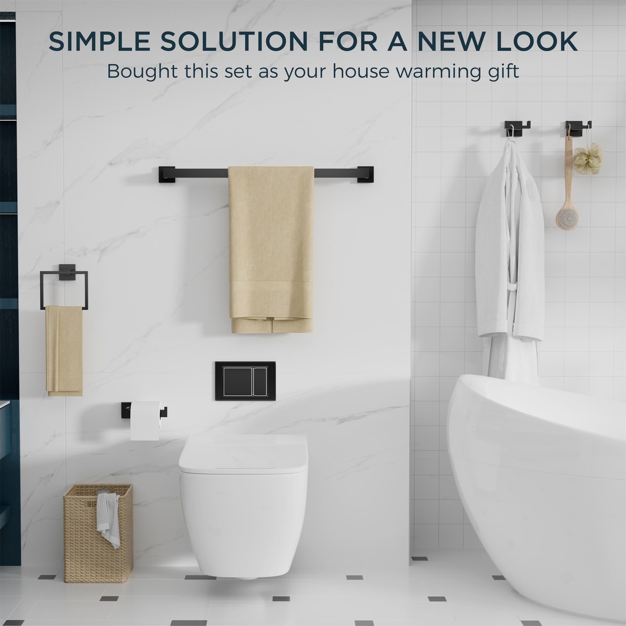 Juego de accesorios de baño decorativos de 5 piezas en negro mate FURUISI, incluye barra de toalla, portarrollos de papel higiénico, argolla de toalla y gancho para batas LL19A3B5A.