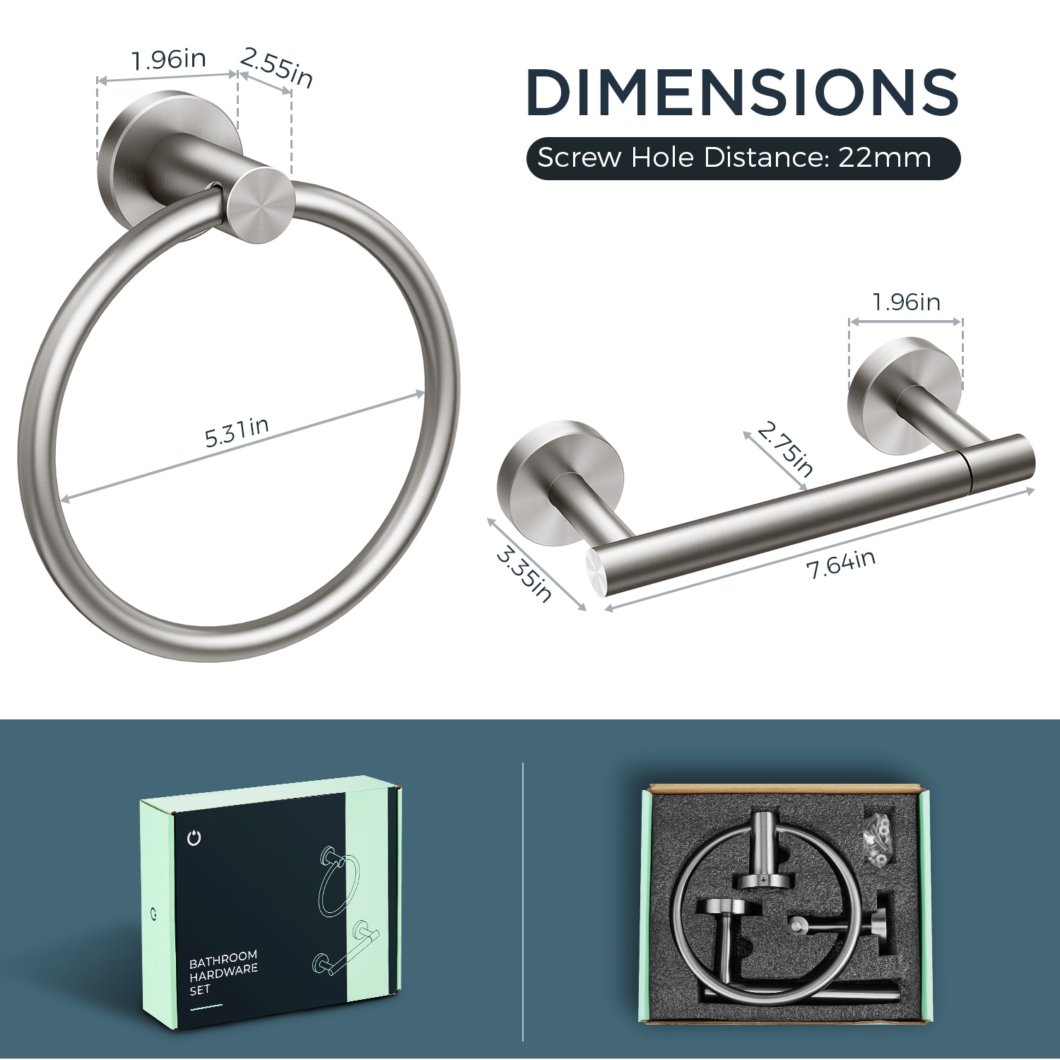 Juego de hardware decorativo para baño de acero inoxidable de 2 piezas FURUISI: portarrollos de papel higiénico y argolla para toalla, incluido LBN11901