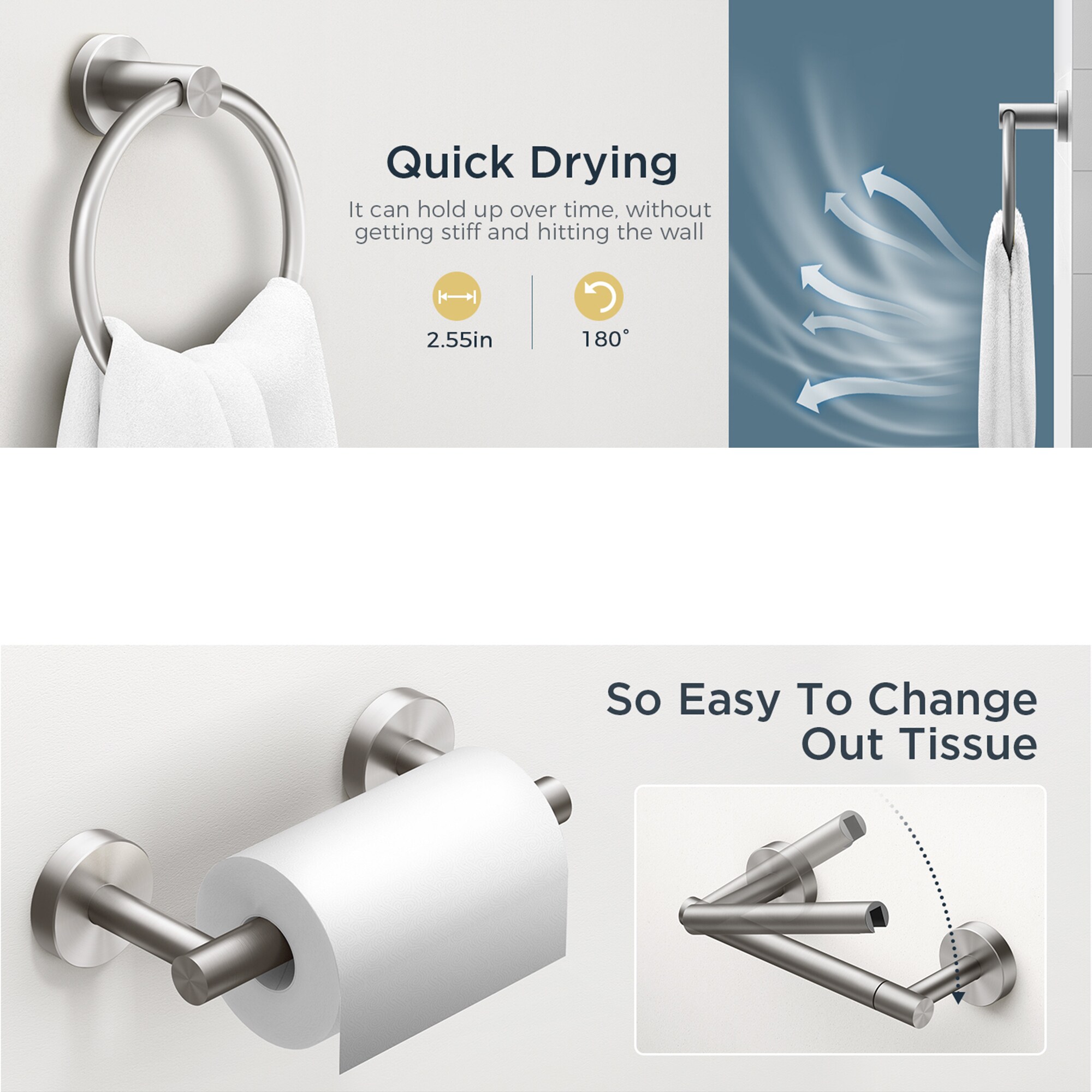 Juego de hardware decorativo para baño de acero inoxidable de 2 piezas FURUISI: portarrollos de papel higiénico y argolla para toalla, incluido LBN11901