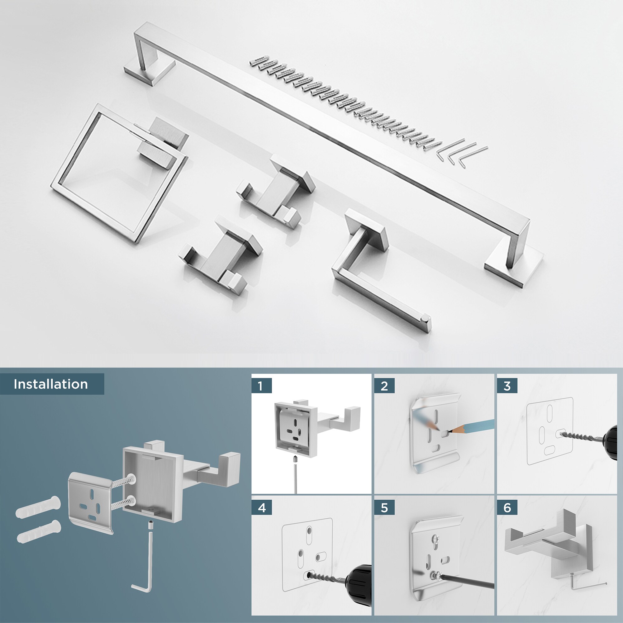 Juego de accesorios para baño decorativo de acero inoxidable de 5 piezas FURUISI - Barra de toalla, porta papel higiénico, anillo para toalla, gancho para bata incluido LL19A3BN5A