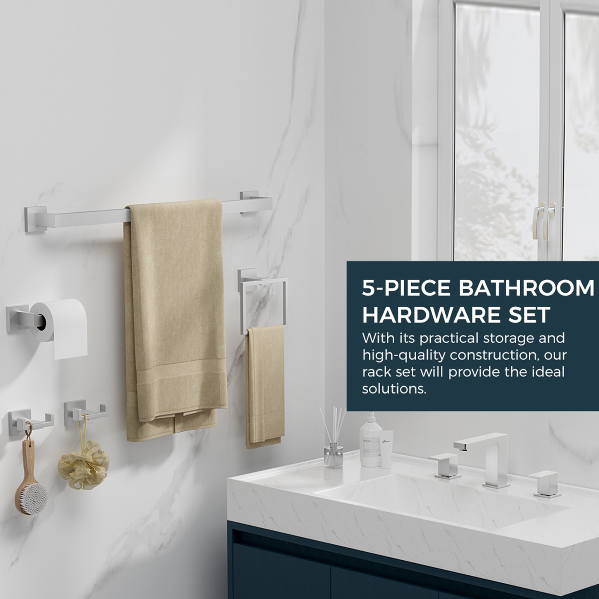 Juego de accesorios para baño decorativo de acero inoxidable de 5 piezas FURUISI - Barra de toalla, porta papel higiénico, anillo para toalla, gancho para bata incluido LL19A3BN5A