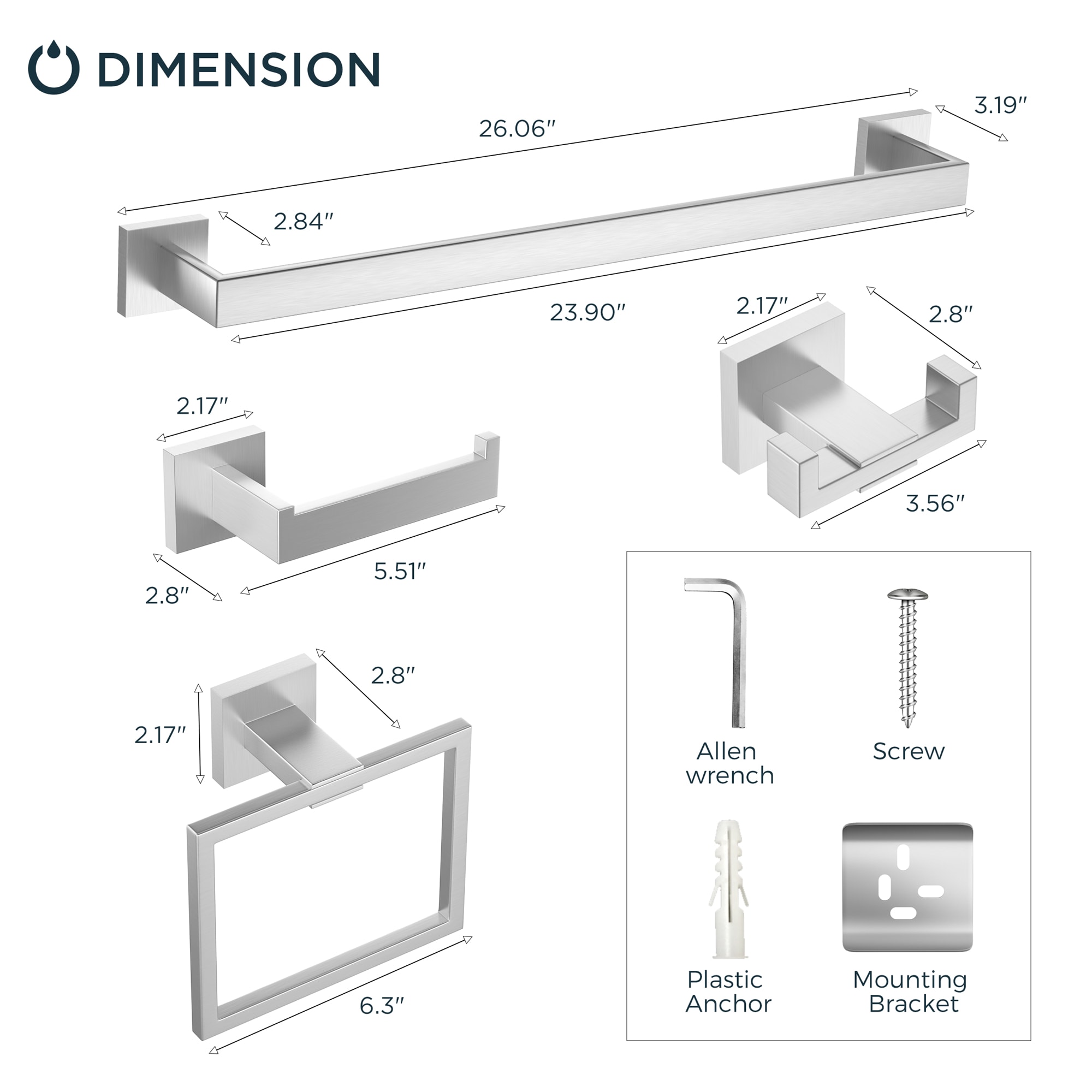 Juego de accesorios para baño decorativo de acero inoxidable de 5 piezas FURUISI - Barra de toalla, porta papel higiénico, anillo para toalla, gancho para bata incluido LL19A3BN5A