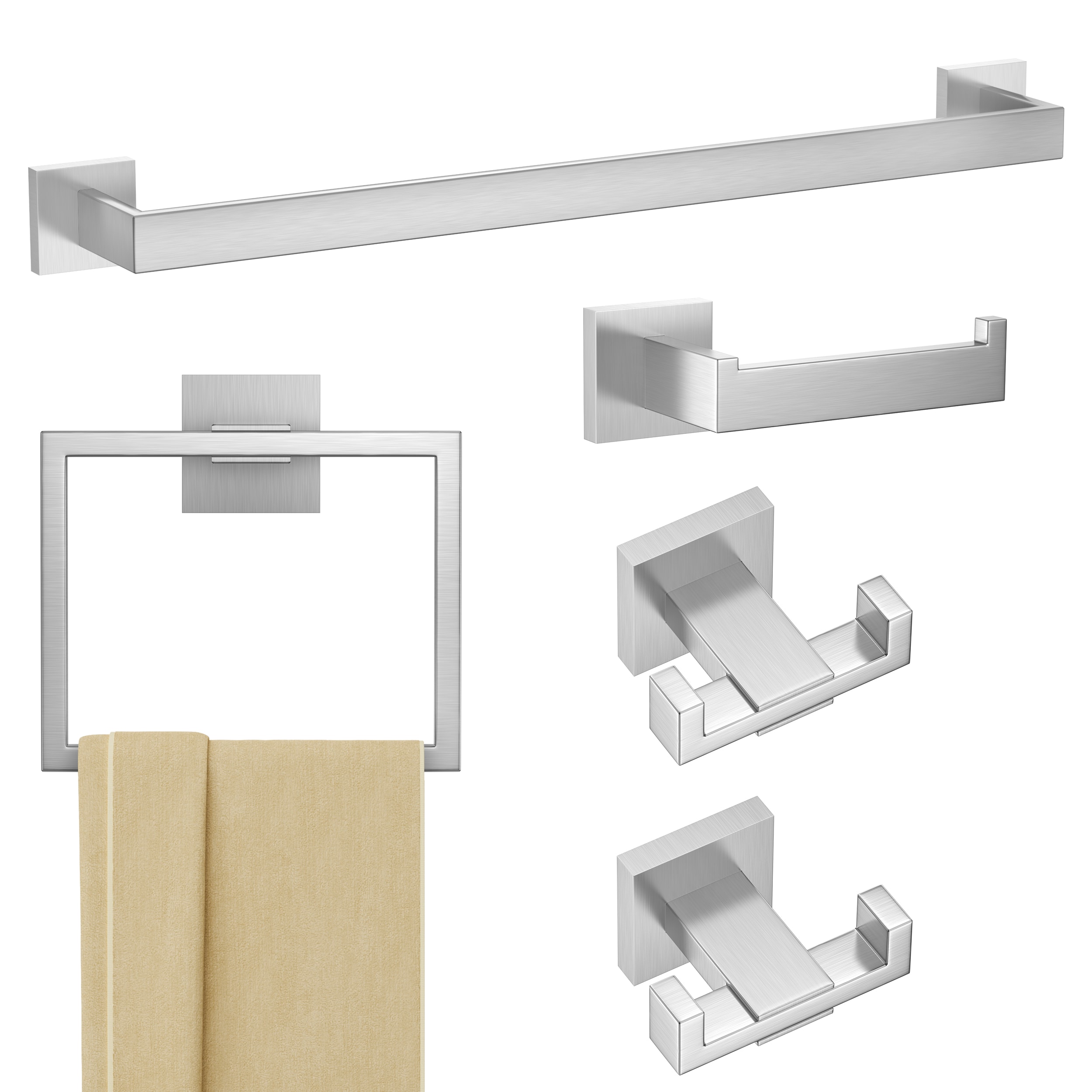 Juego de accesorios para baño decorativo de acero inoxidable de 5 piezas FURUISI - Barra de toalla, porta papel higiénico, anillo para toalla, gancho para bata incluido LL19A3BN5A