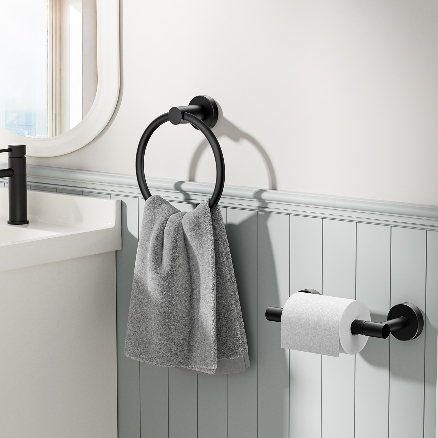 Juego de accesorios de baño decorativos en negro mate de 2 piezas: Portarrollos de papel higiénico y Argolla para toallas FURUISI, incluidos LB11901