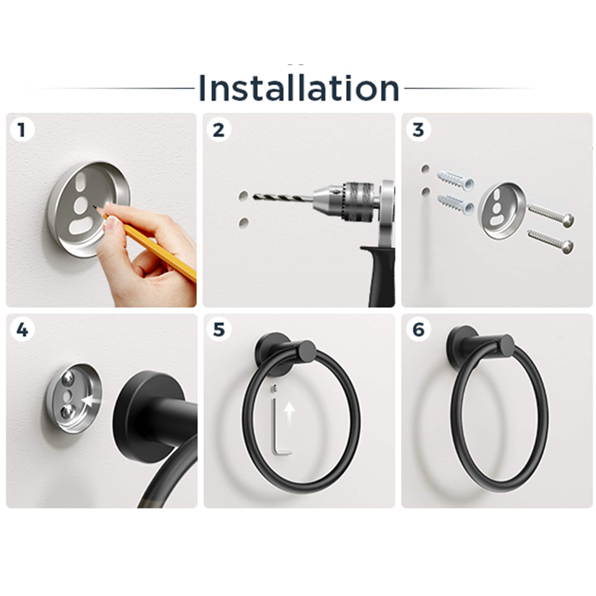 Juego de accesorios de baño decorativos en negro mate de 2 piezas: Portarrollos de papel higiénico y Argolla para toallas FURUISI, incluidos LB11901