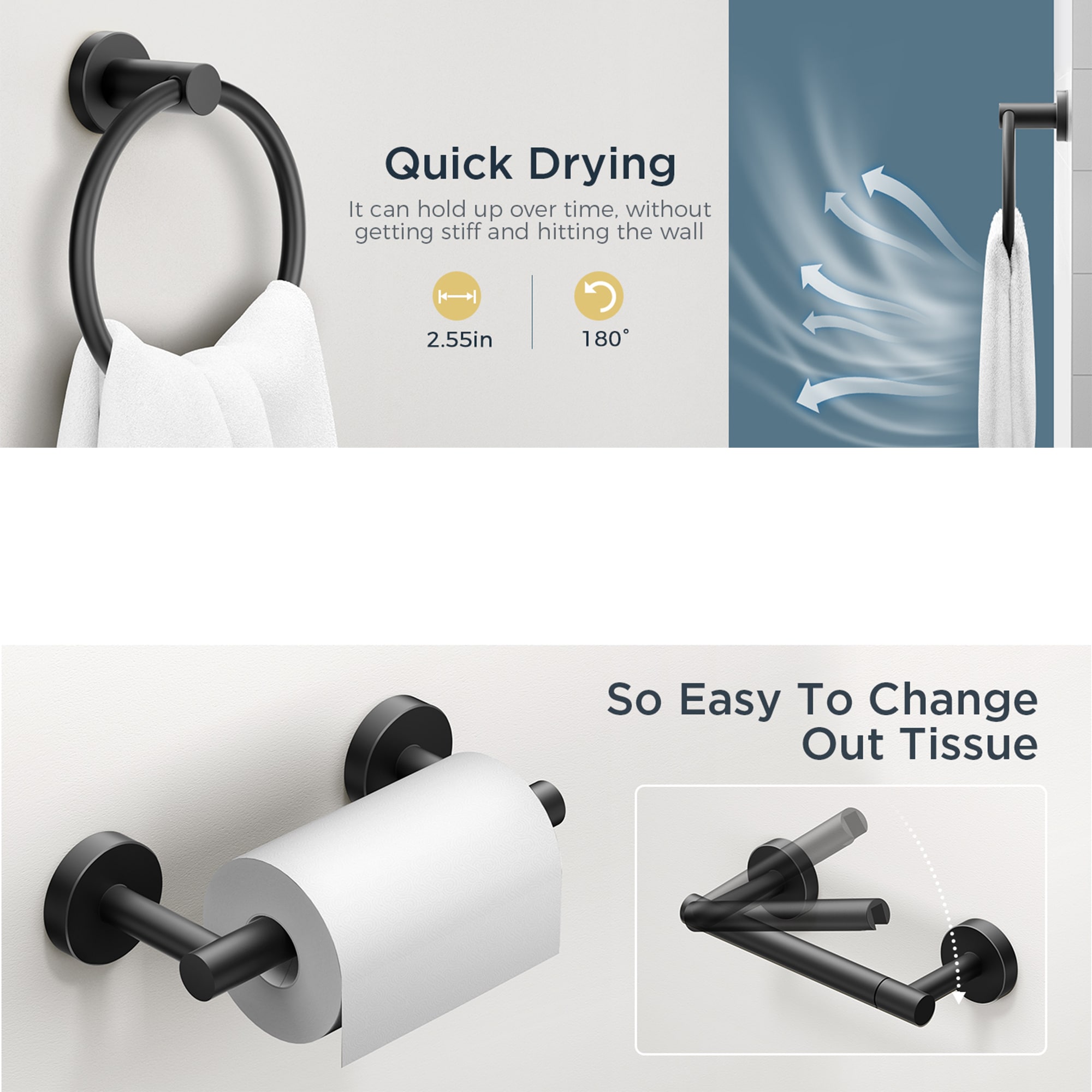 Juego de accesorios de baño decorativos en negro mate de 2 piezas: Portarrollos de papel higiénico y Argolla para toallas FURUISI, incluidos LB11901