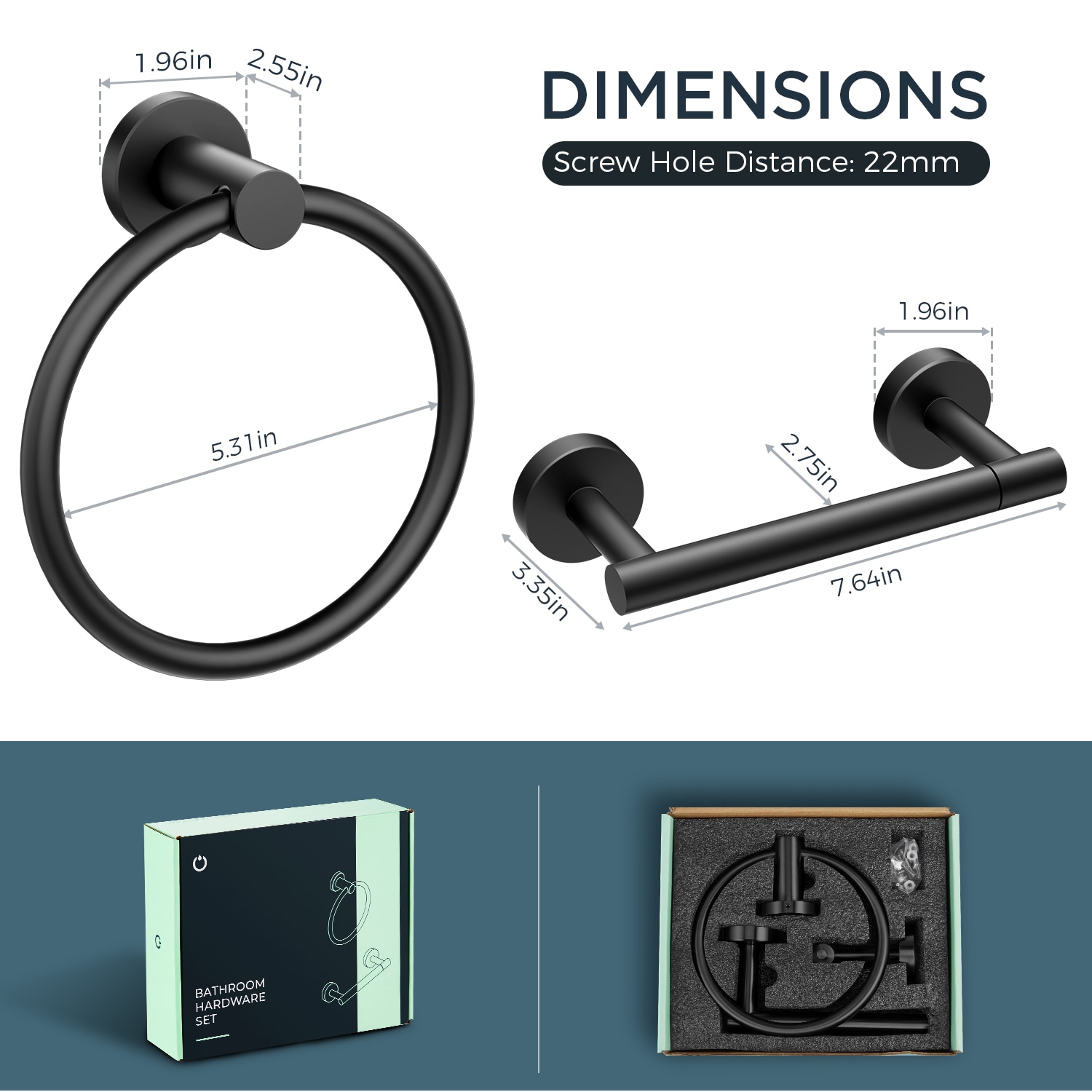 Juego de accesorios de baño decorativos en negro mate de 2 piezas: Portarrollos de papel higiénico y Argolla para toallas FURUISI, incluidos LB11901
