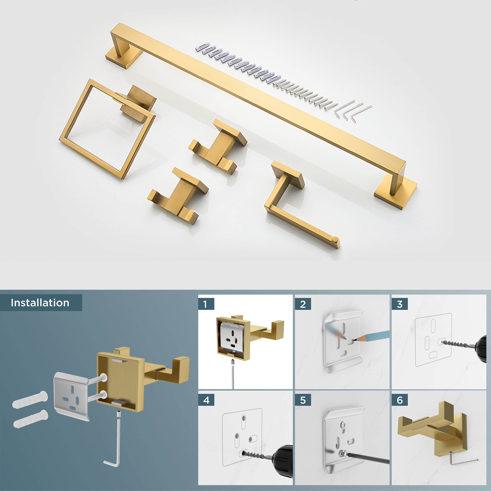 Set de Accesorios de Baño Decorativos en Dorado Cepillado de 5 Piezas FURUISI Incluye Barra para Toallas, Portarrollos de Papel, Anillo para Toallas y Gancho para Batas LL19A3G5A