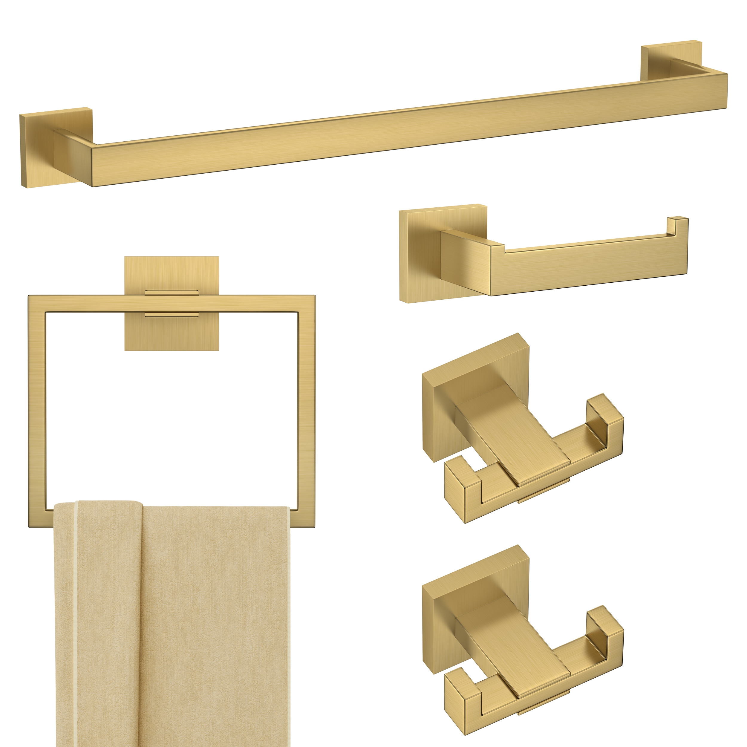 Set de Accesorios de Baño Decorativos en Dorado Cepillado de 5 Piezas FURUISI Incluye Barra para Toallas, Portarrollos de Papel, Anillo para Toallas y Gancho para Batas LL19A3G5A
