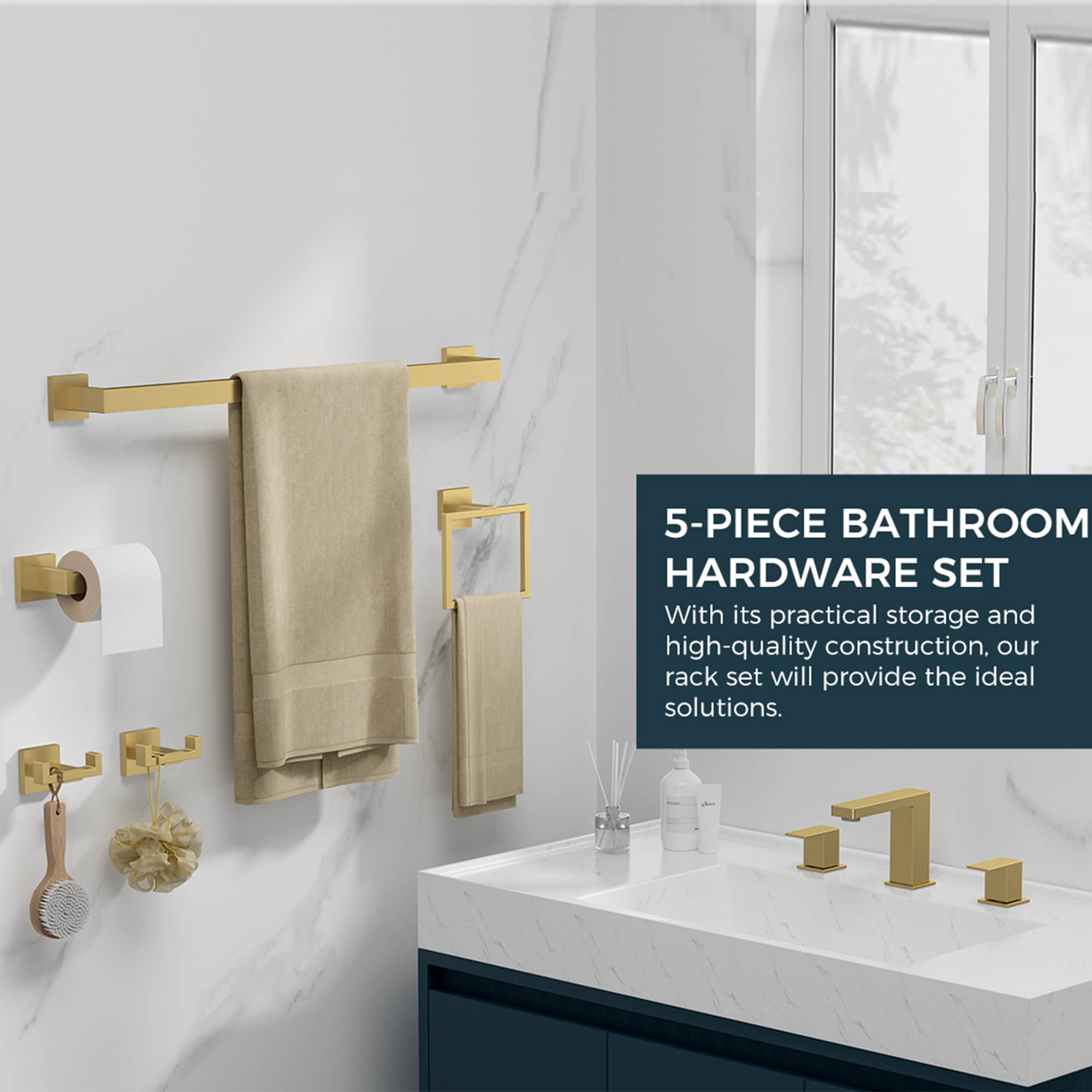 Set de Accesorios de Baño Decorativos en Dorado Cepillado de 5 Piezas FURUISI Incluye Barra para Toallas, Portarrollos de Papel, Anillo para Toallas y Gancho para Batas LL19A3G5A