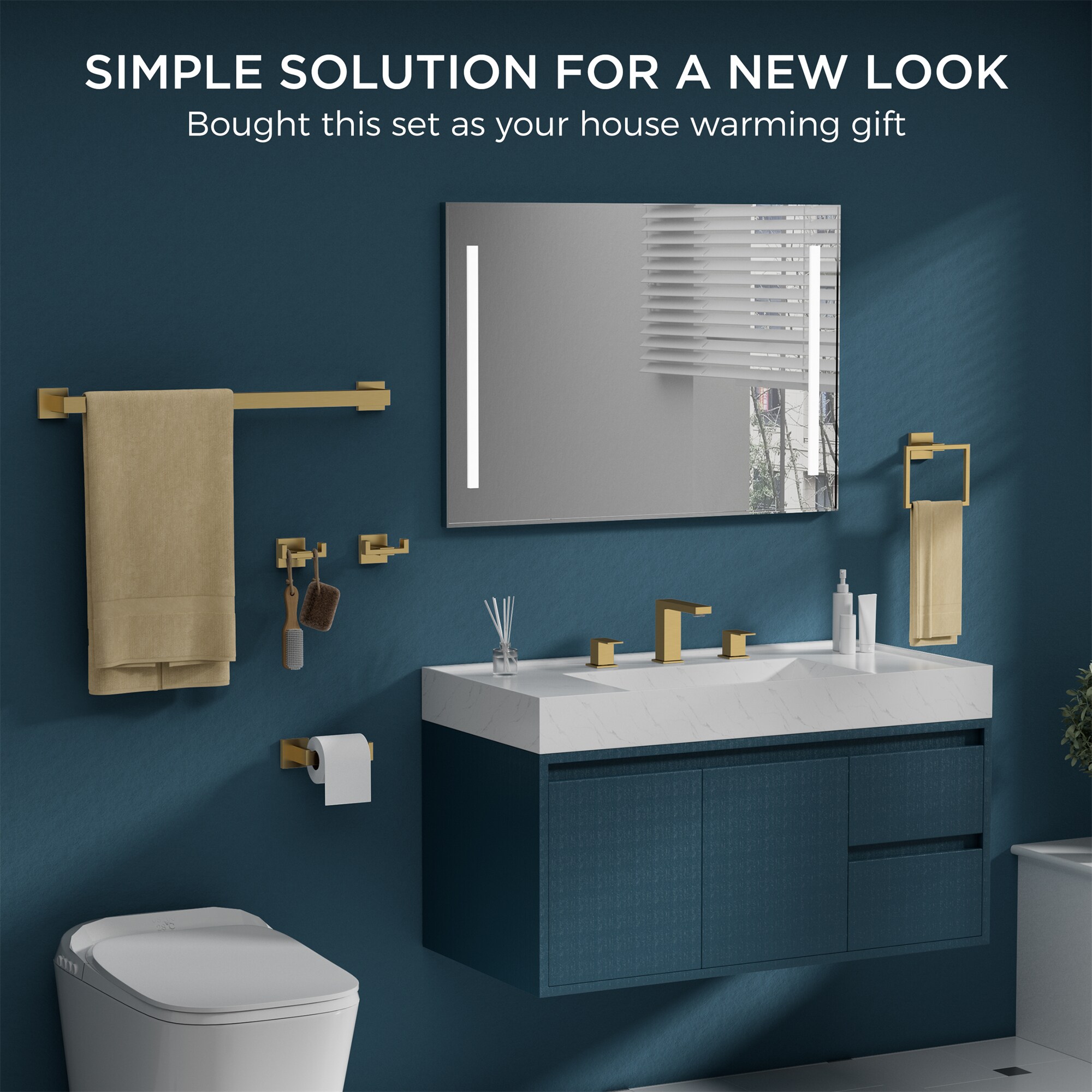 Set de Accesorios de Baño Decorativos en Dorado Cepillado de 5 Piezas FURUISI Incluye Barra para Toallas, Portarrollos de Papel, Anillo para Toallas y Gancho para Batas LL19A3G5A