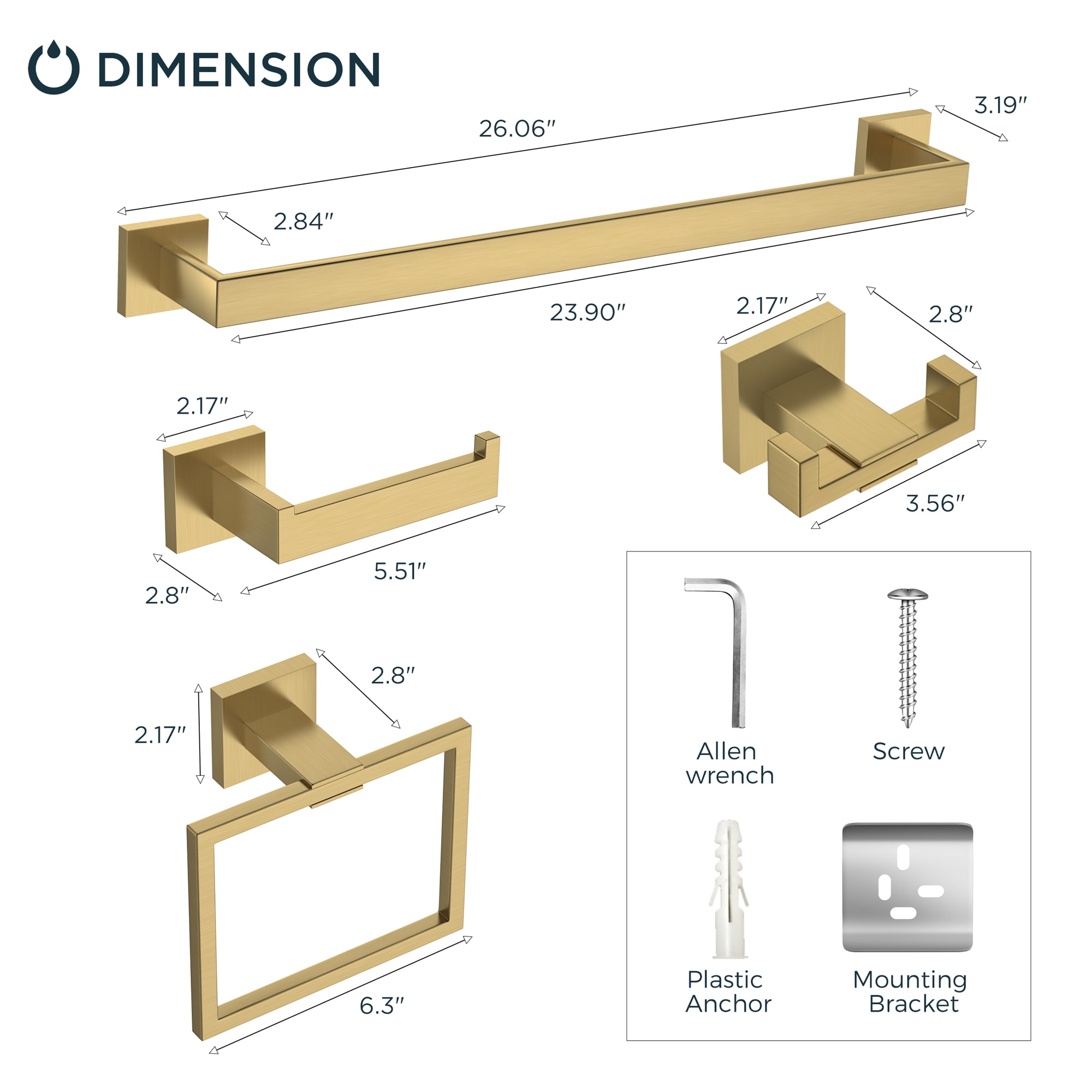 Set de Accesorios de Baño Decorativos en Dorado Cepillado de 5 Piezas FURUISI Incluye Barra para Toallas, Portarrollos de Papel, Anillo para Toallas y Gancho para Batas LL19A3G5A