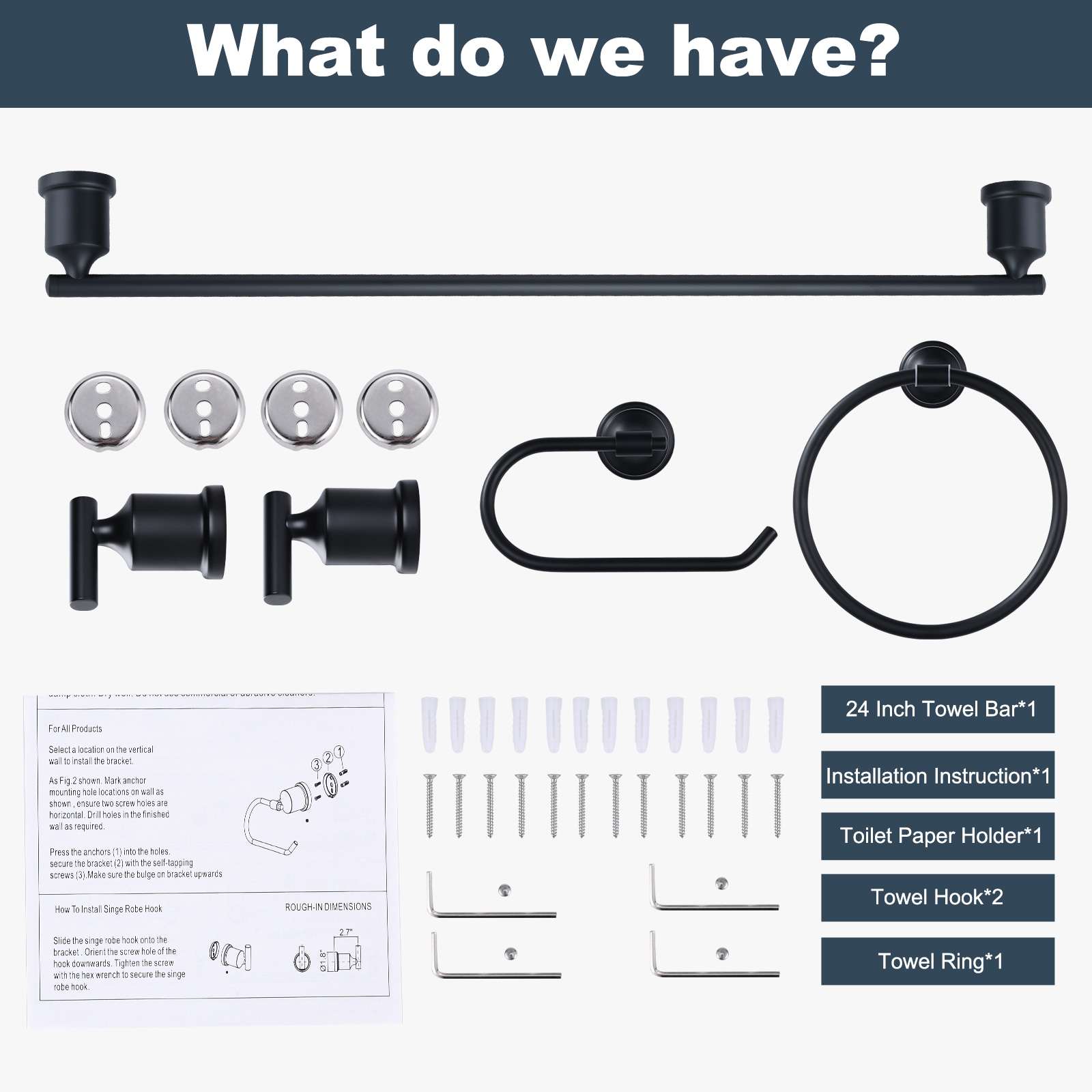 Set de Hardware para Baño Decorativo en Negro de 5 Piezas - Incluye Barra de Toallas, Porta Papel Higiénico, Anilla para Toalla y Gancho para Batas WOWOW 4030501B