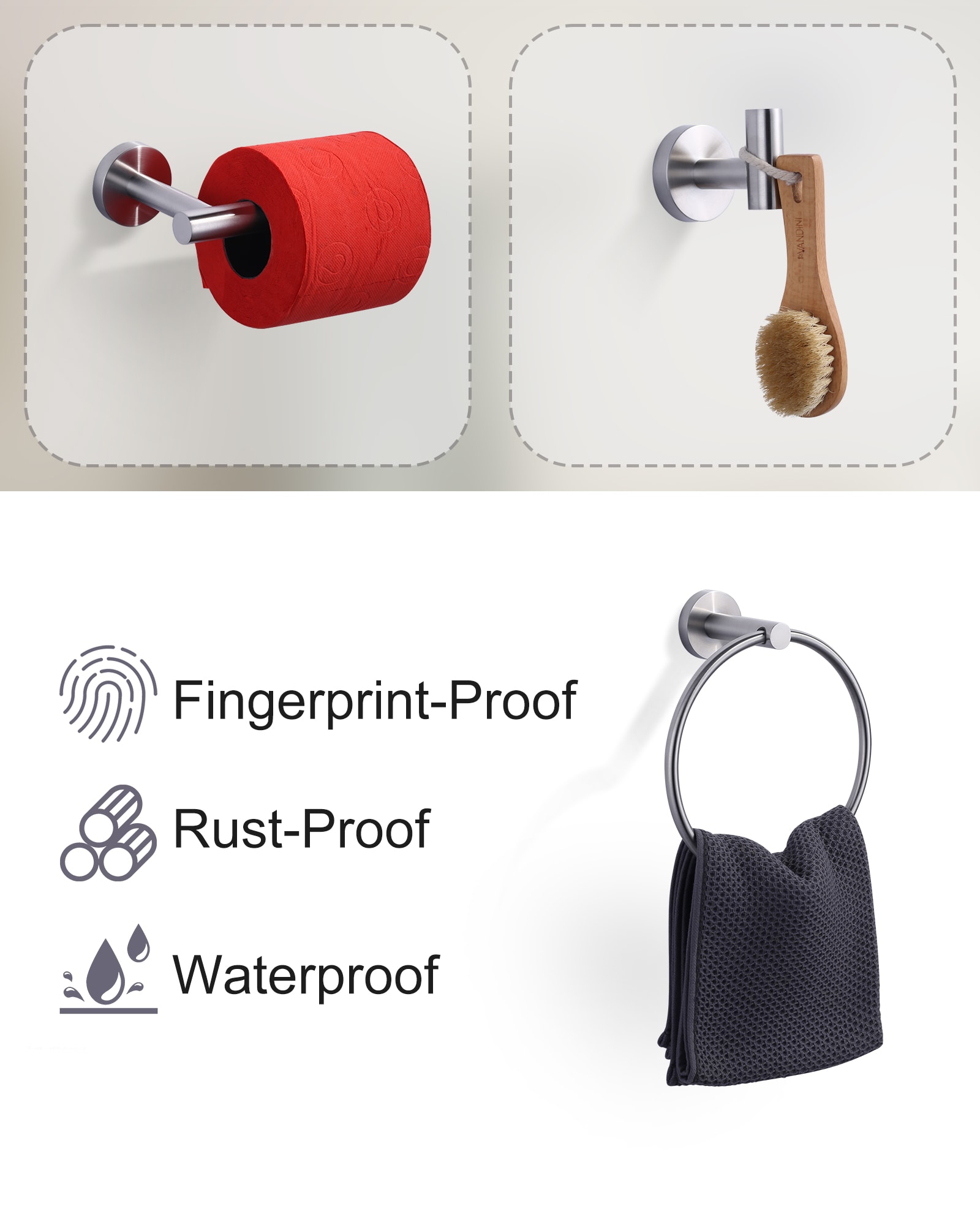 Juego de 3 piezas de accesorios para baño en níquel cepillado - Portarrollos de papel higiénico, argolla para toalla y gancho para bata incluidos 410163