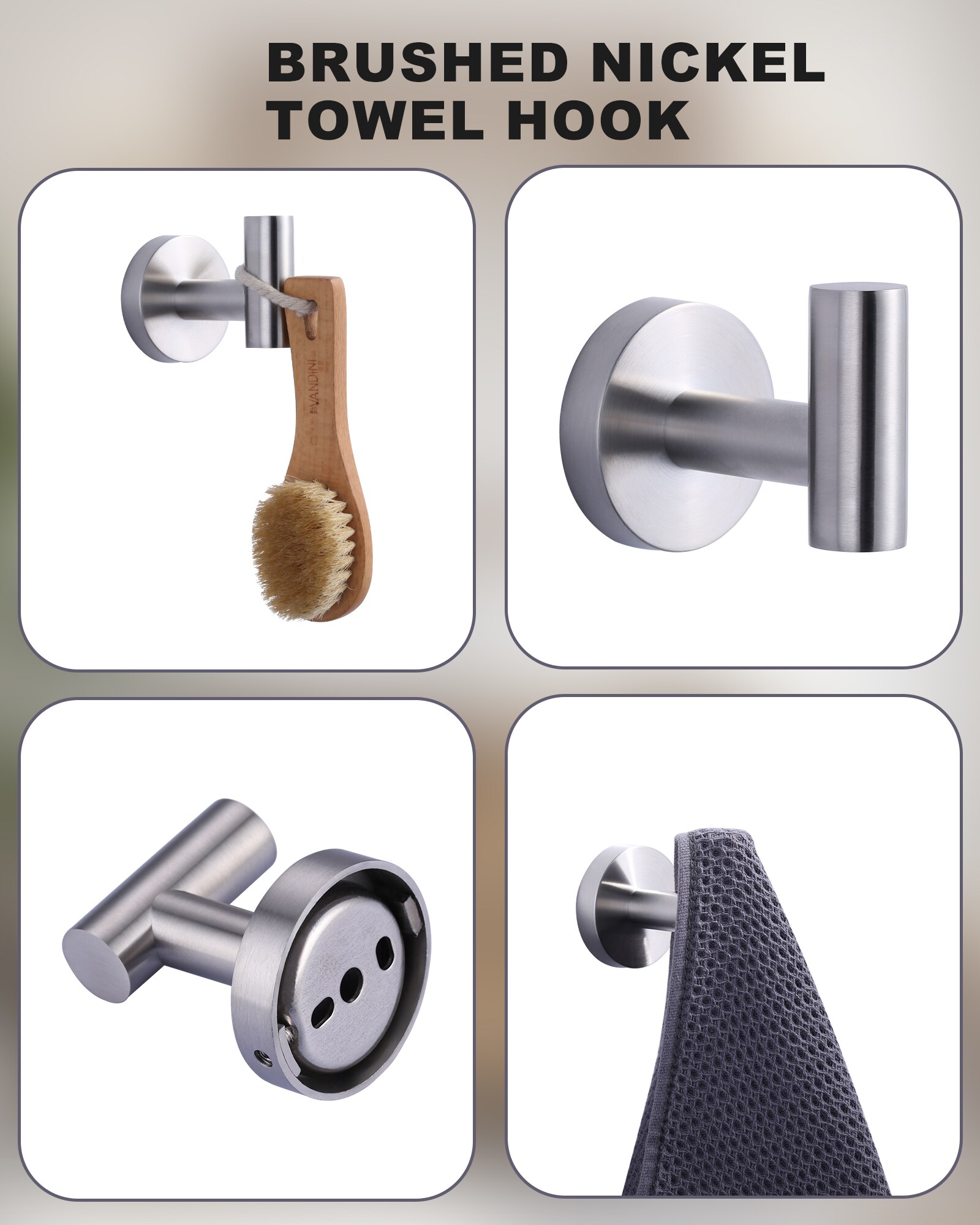 Juego de 3 piezas de accesorios para baño en níquel cepillado - Portarrollos de papel higiénico, argolla para toalla y gancho para bata incluidos 410163