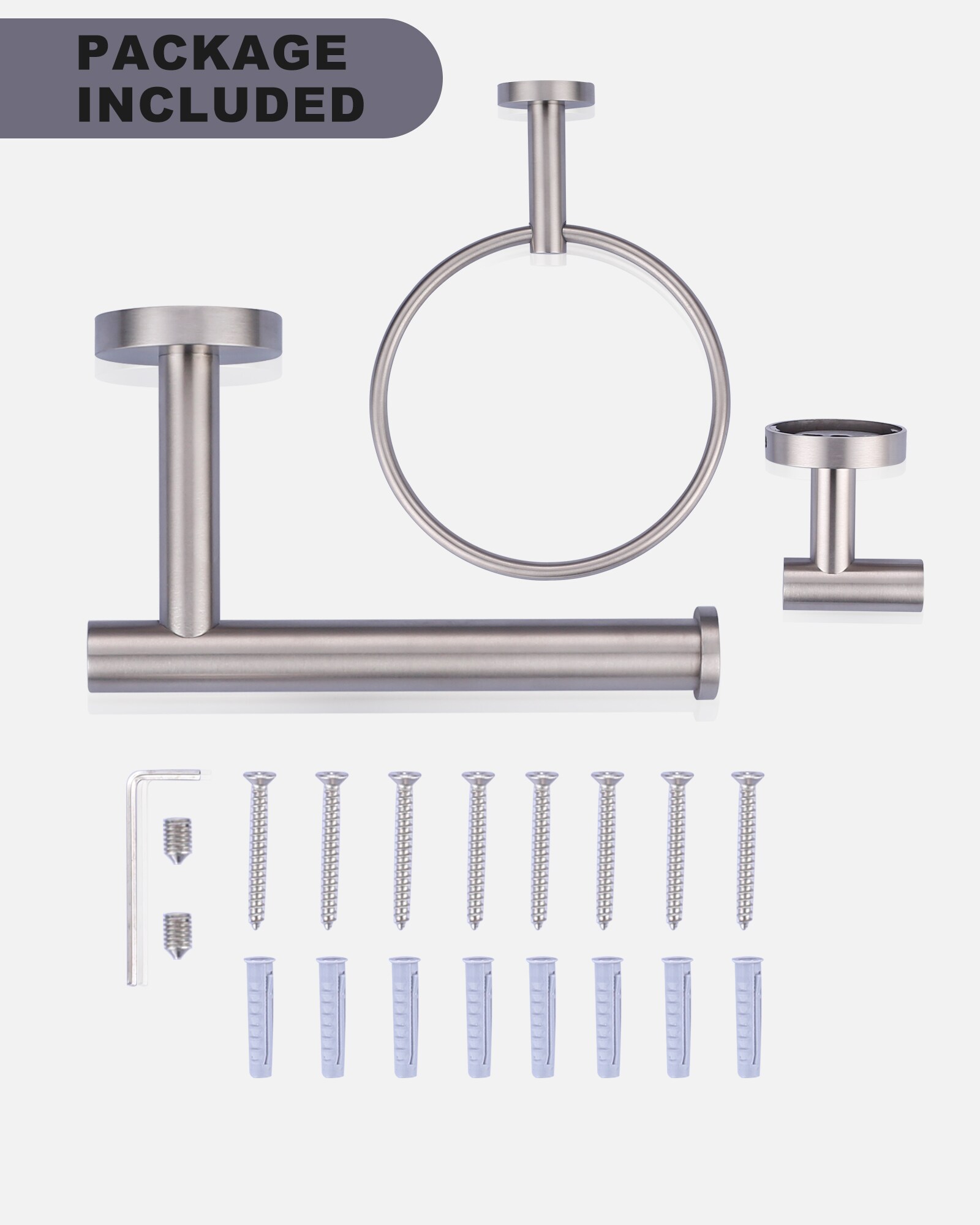 Juego de 3 piezas de accesorios para baño en níquel cepillado - Portarrollos de papel higiénico, argolla para toalla y gancho para bata incluidos 410163