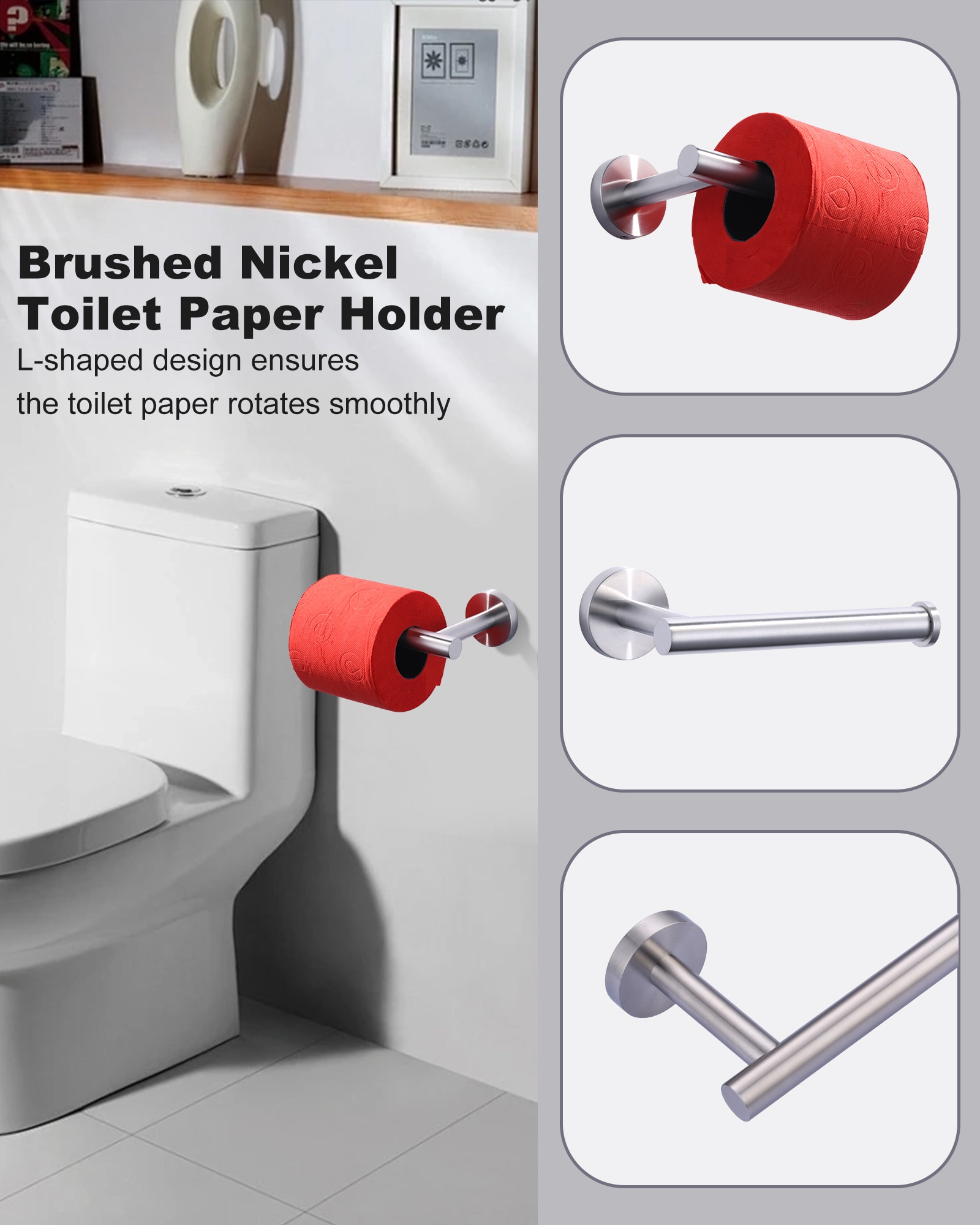 Juego de 3 piezas de accesorios para baño en níquel cepillado - Portarrollos de papel higiénico, argolla para toalla y gancho para bata incluidos 410163