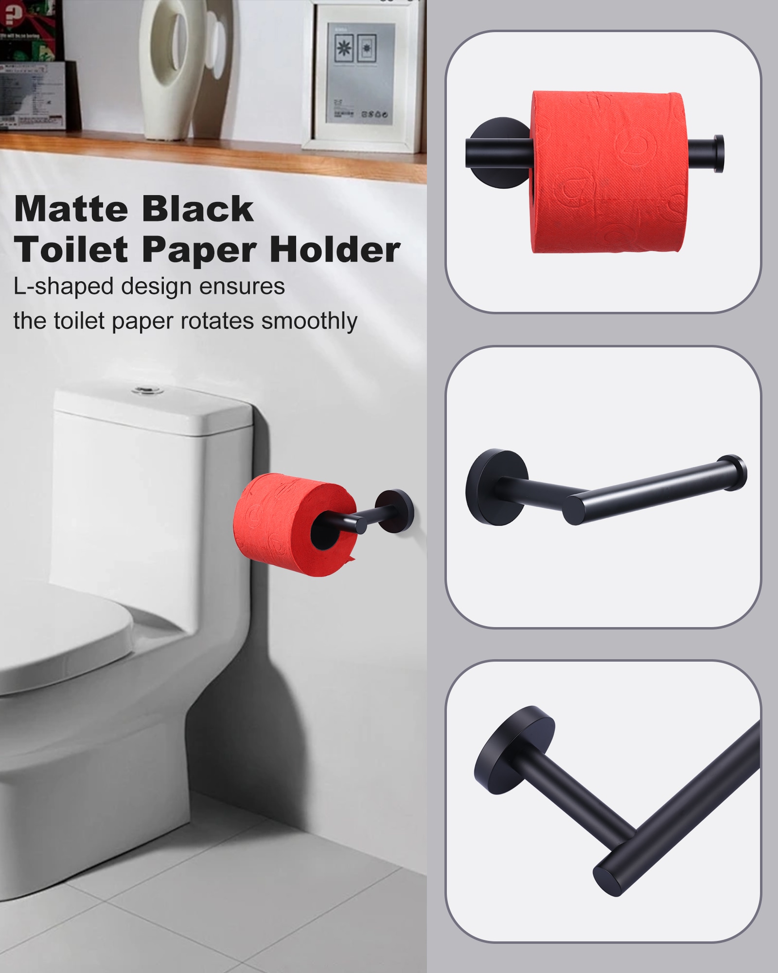 Juego de accesorios de baño decorativos en acabado mate negro de 3 piezas WOWOW - Incluye portarrollos de papel, toallero y gancho para batas