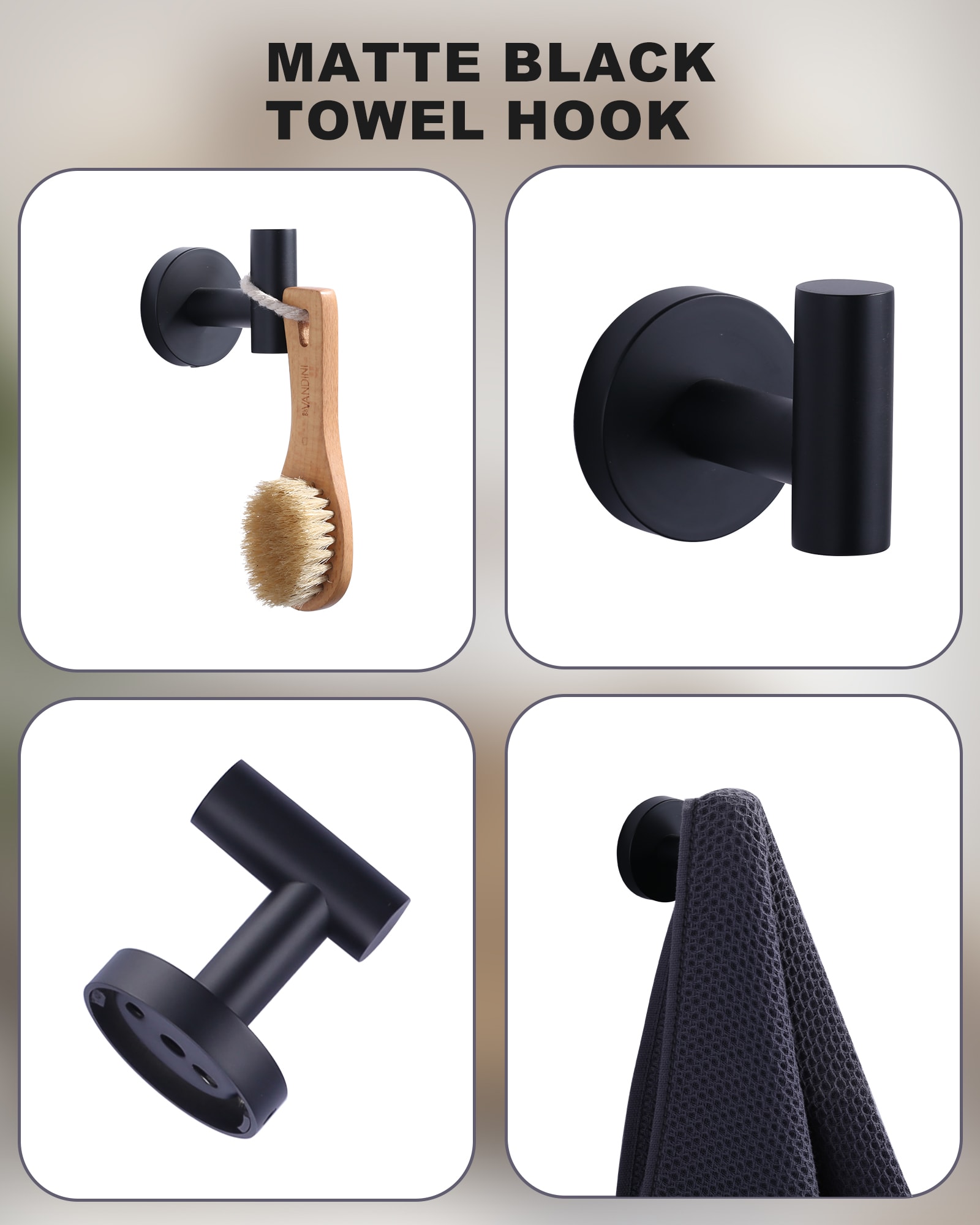 Juego de accesorios de baño decorativos en acabado mate negro de 3 piezas WOWOW - Incluye portarrollos de papel, toallero y gancho para batas