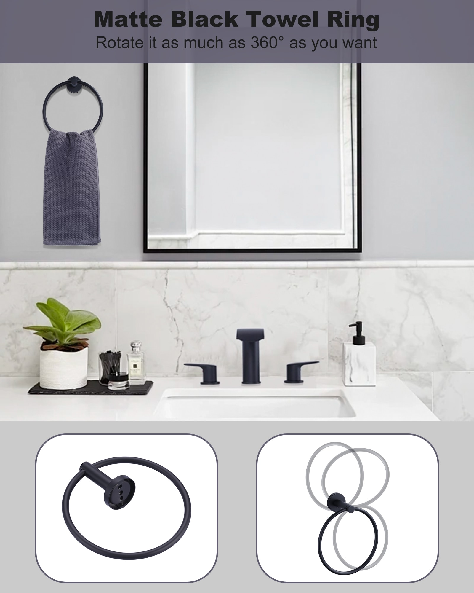 Juego de accesorios de baño decorativos en acabado mate negro de 3 piezas WOWOW - Incluye portarrollos de papel, toallero y gancho para batas