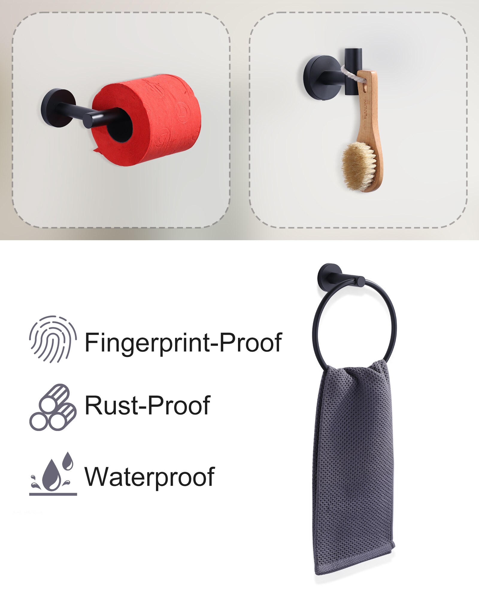 Juego de accesorios de baño decorativos en acabado mate negro de 3 piezas WOWOW - Incluye portarrollos de papel, toallero y gancho para batas