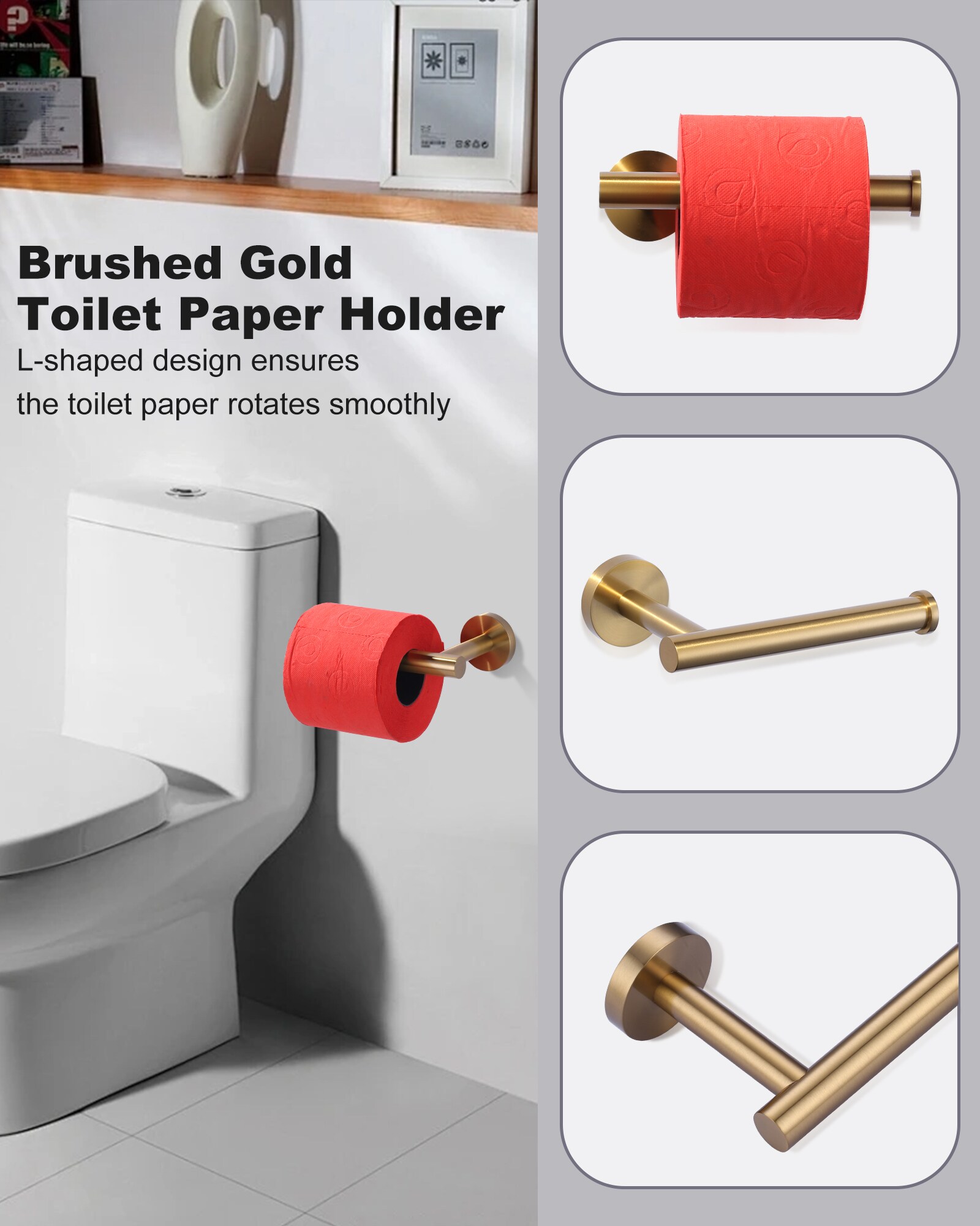 Juego de accesorios para baño en tono dorado cepillado de 3 piezas WOWOW: Portarrollos de papel higiénico, argolla para toalla y gancho para batas incluidos 410163G