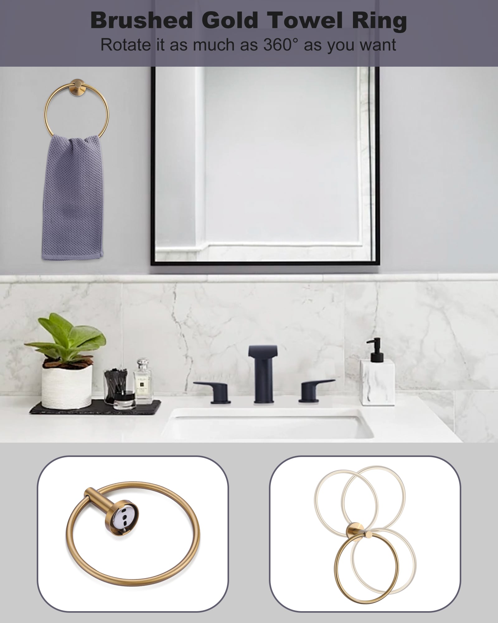 Juego de accesorios para baño en tono dorado cepillado de 3 piezas WOWOW: Portarrollos de papel higiénico, argolla para toalla y gancho para batas incluidos 410163G