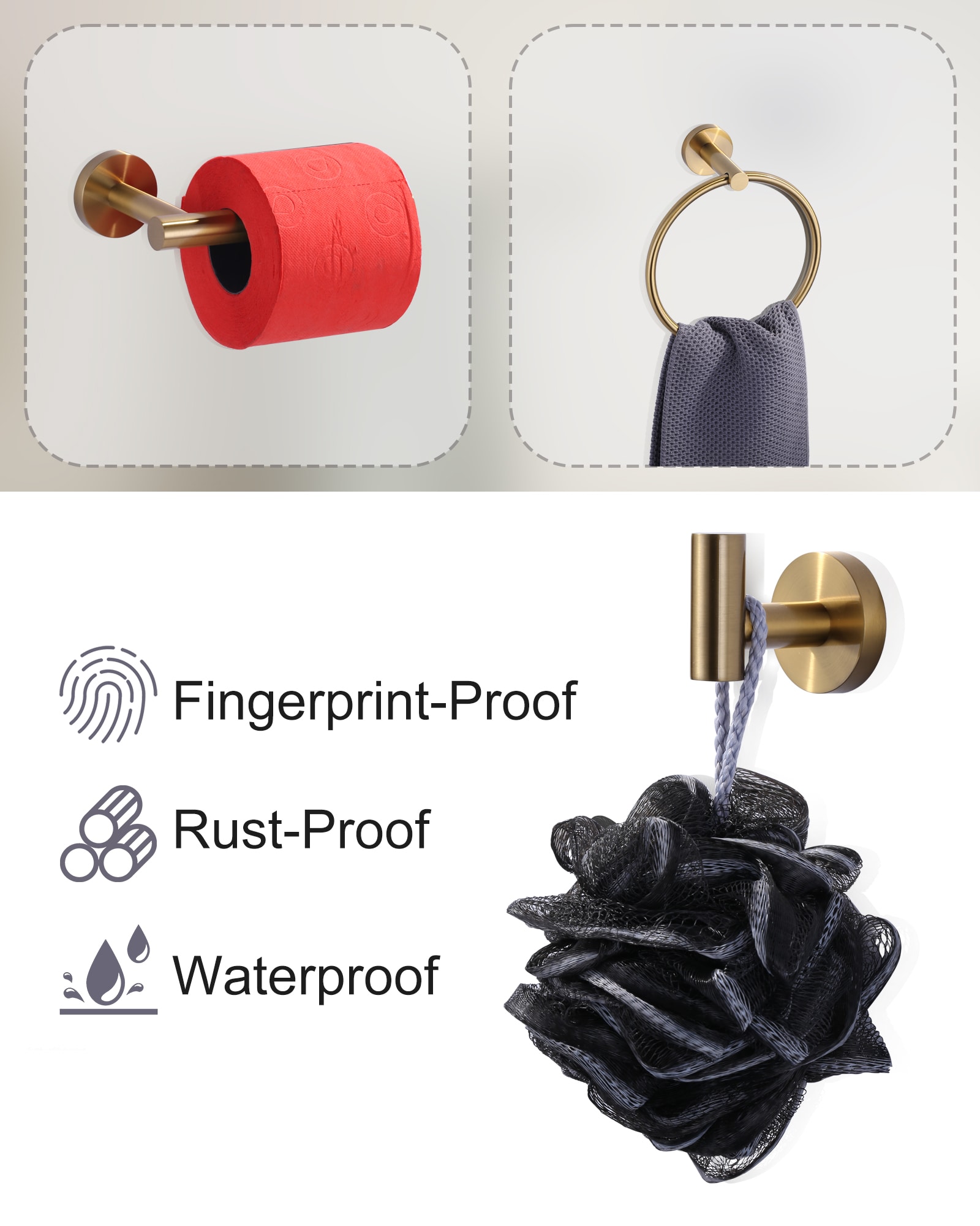 Juego de accesorios para baño en tono dorado cepillado de 3 piezas WOWOW: Portarrollos de papel higiénico, argolla para toalla y gancho para batas incluidos 410163G