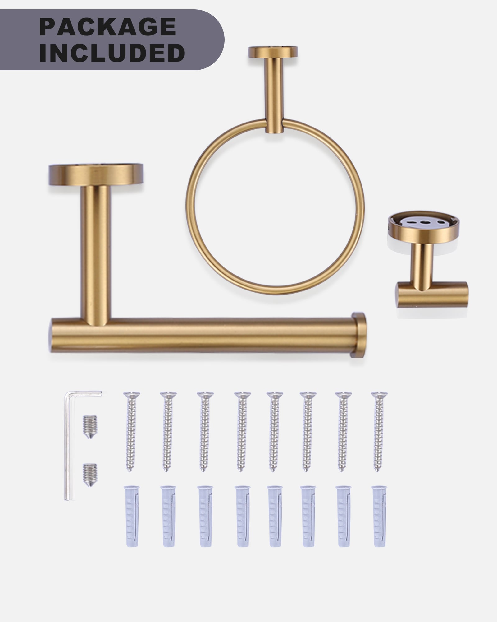Juego de accesorios para baño en tono dorado cepillado de 3 piezas WOWOW: Portarrollos de papel higiénico, argolla para toalla y gancho para batas incluidos 410163G