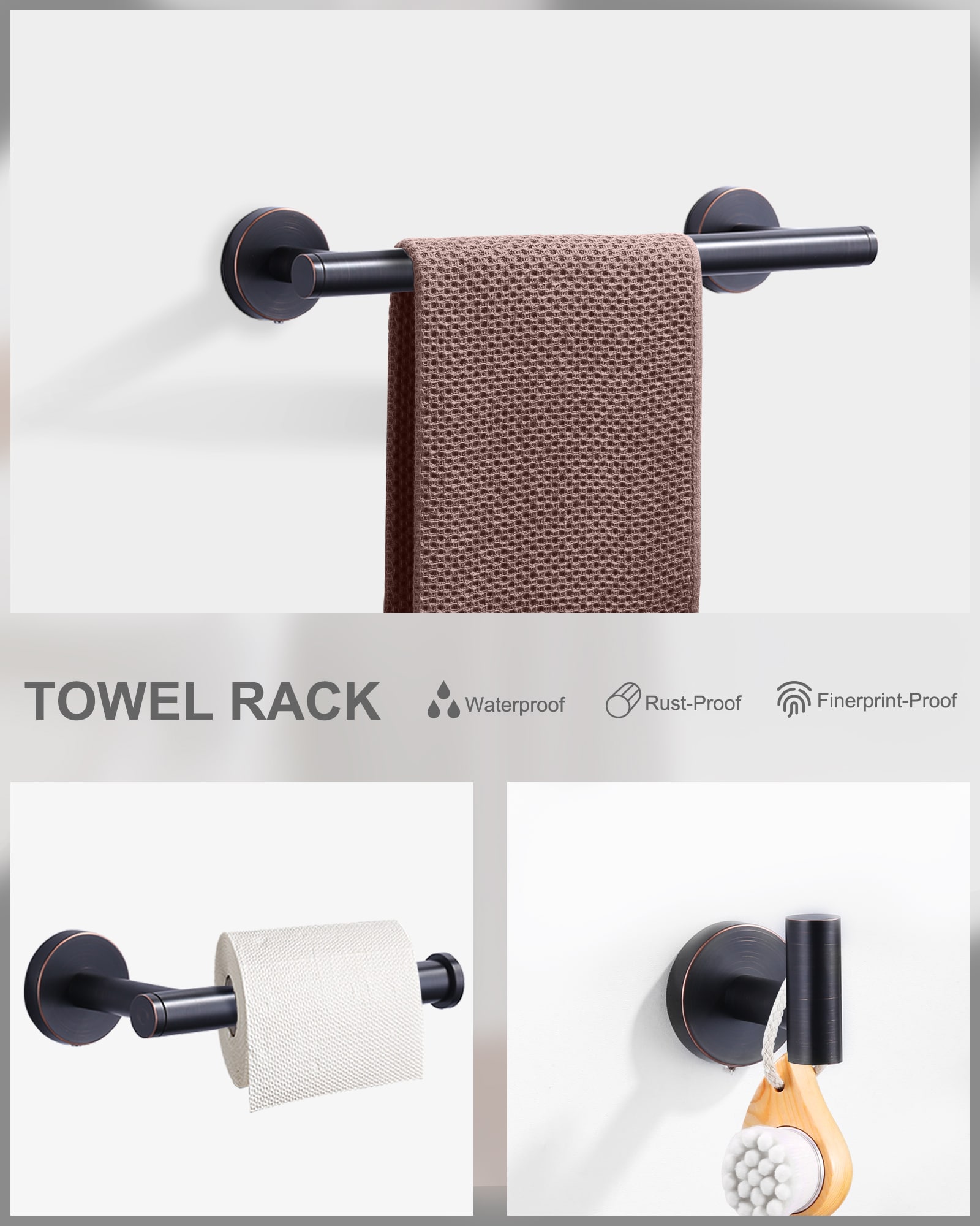 Set de Accesorios de Baño Decorativos de Bronce Aceitado de 3 Piezas WOWOW - Barra de Toallas, Porta Papel Higiénico, Gancho para Batas Incluidos 410013RB