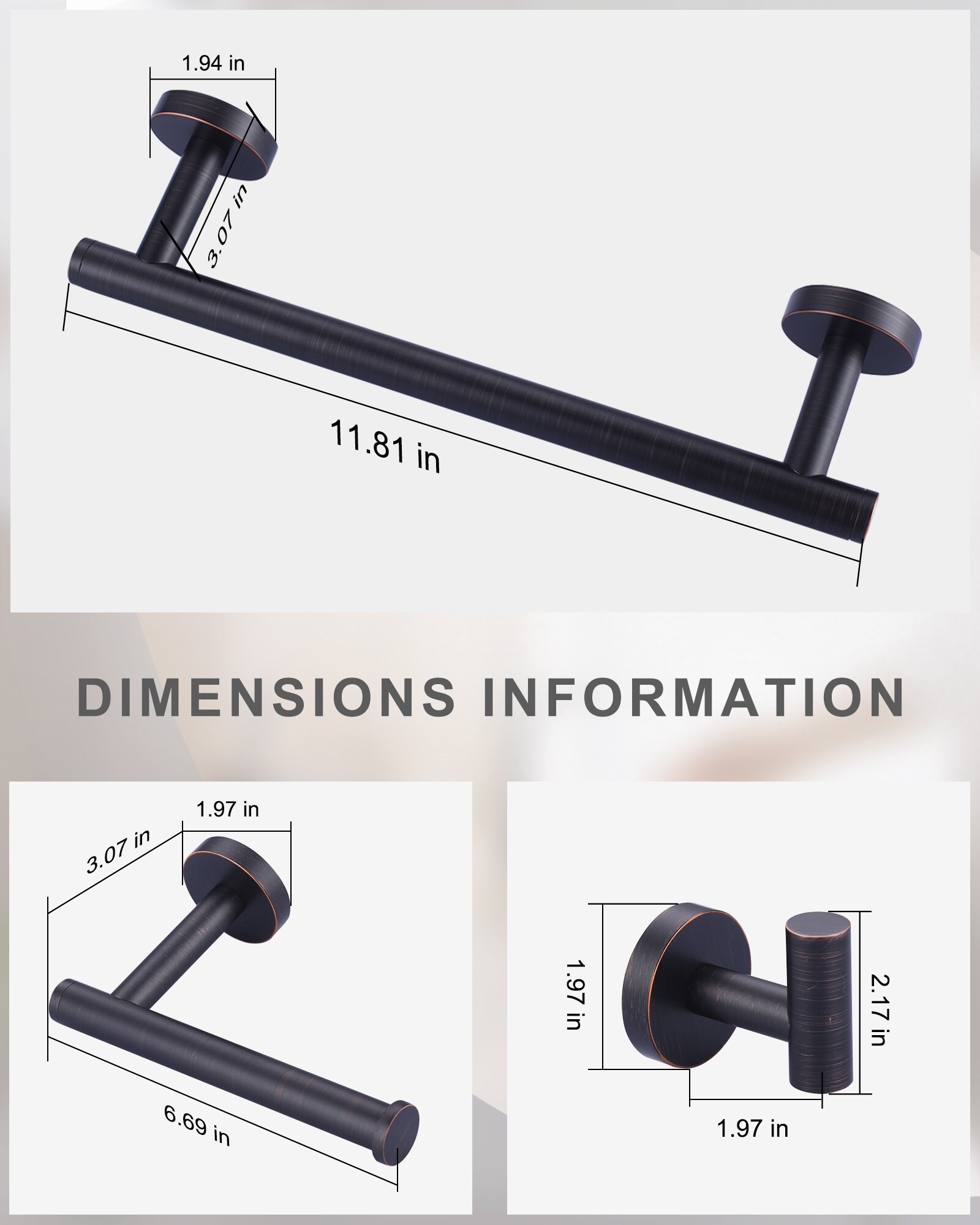 Set de Accesorios de Baño Decorativos de Bronce Aceitado de 3 Piezas WOWOW - Barra de Toallas, Porta Papel Higiénico, Gancho para Batas Incluidos 410013RB