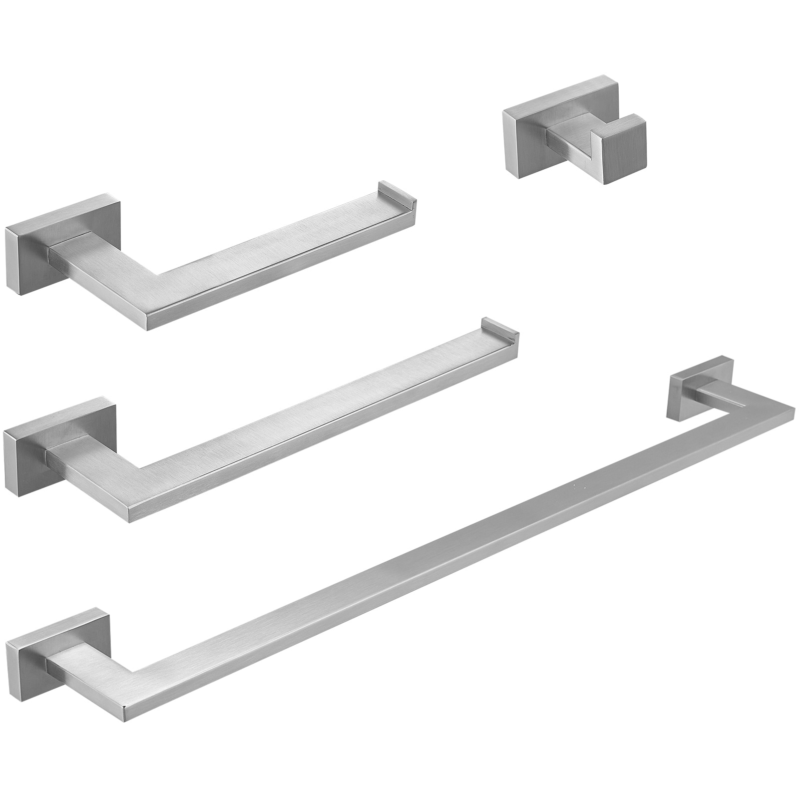 Juego de accesorios de baño decorativos de níquel cepillado de 4 piezas - Barra de toalla, portarrollos de papel higiénico, gancho para batas incluidos A-91014-S-N