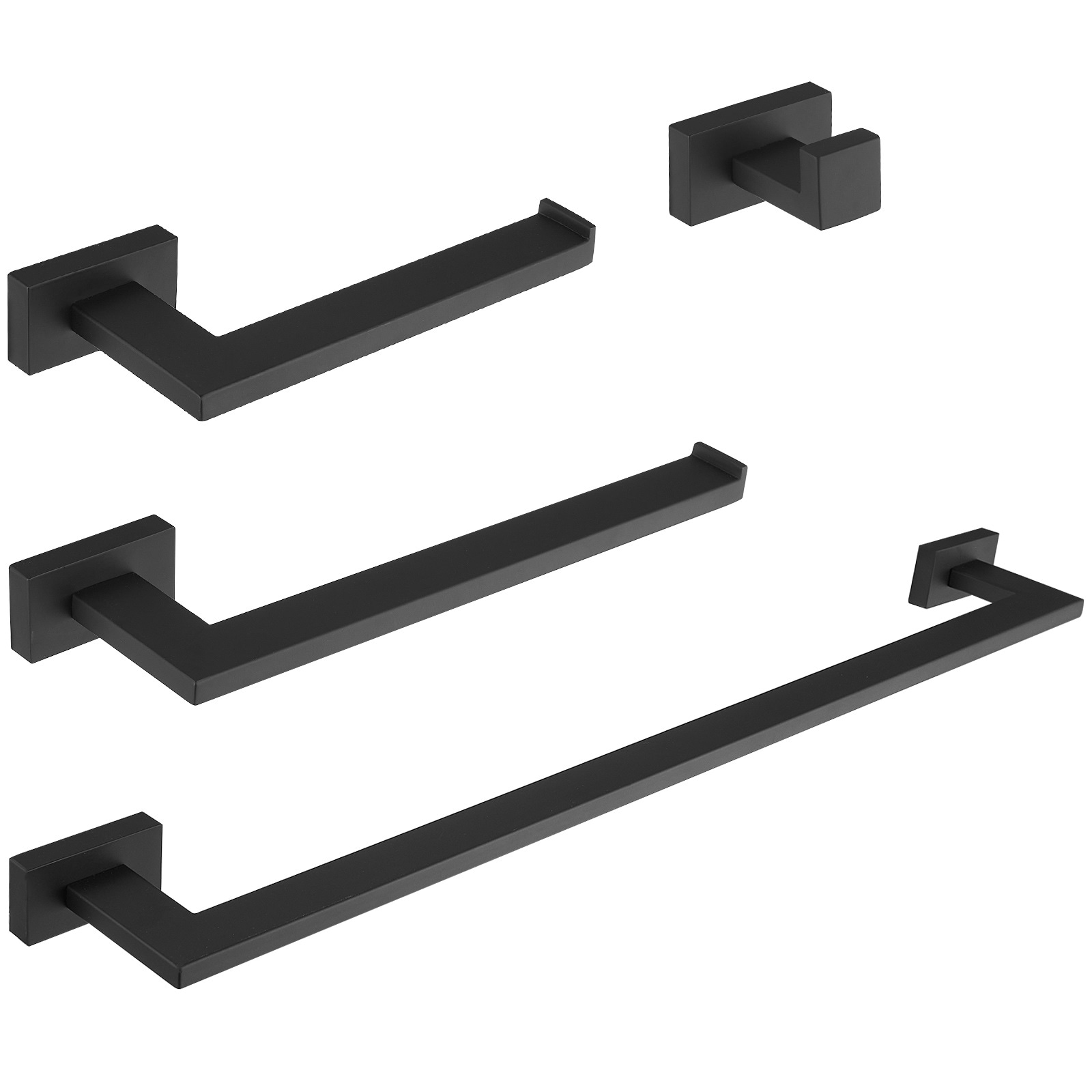Juego de accesorios de baño decorativos en negro mate de 4 piezas, incluye barra de toallas, portarrollos y gancho para batas A-91014-S-B.