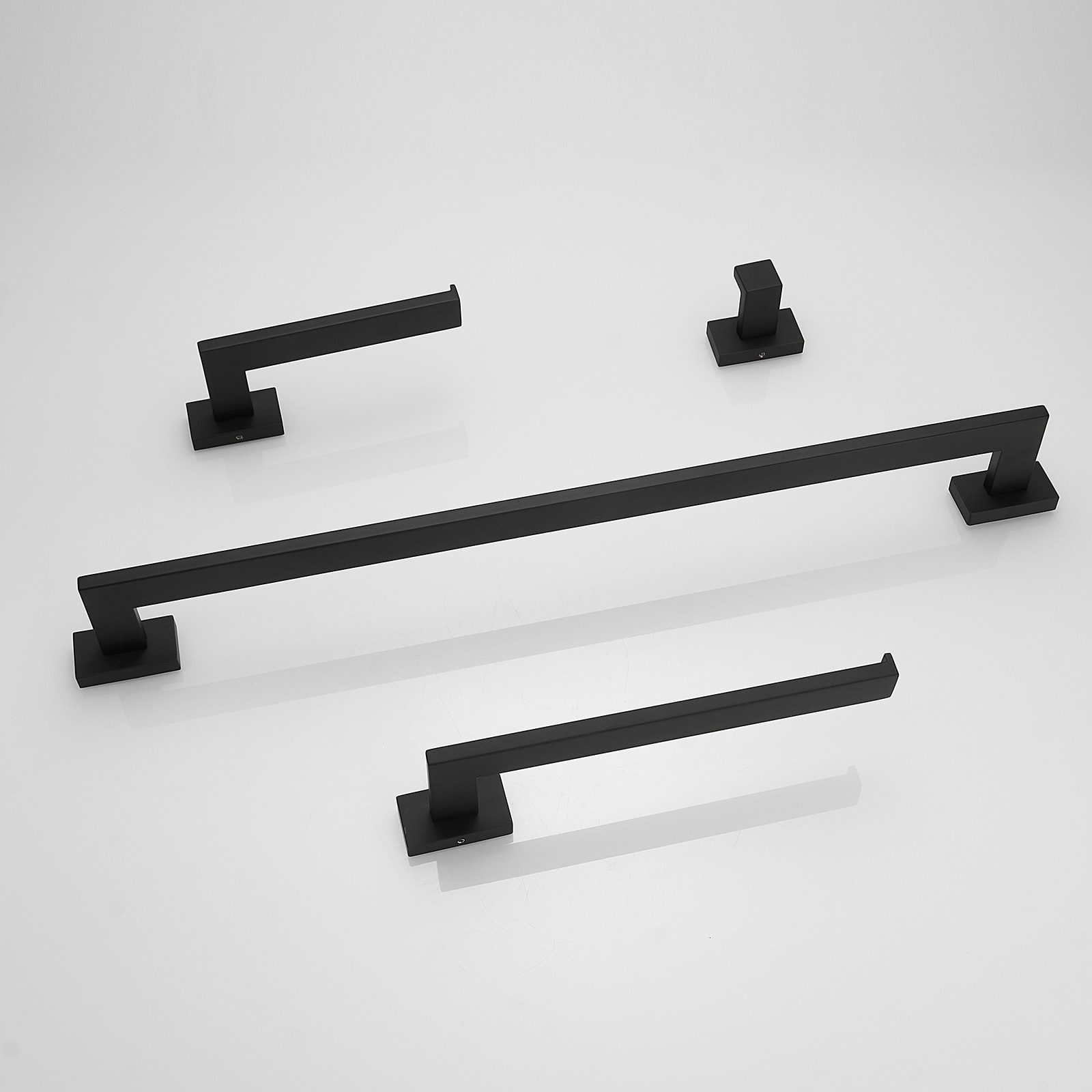 Juego de accesorios de baño decorativos en negro mate de 4 piezas, incluye barra de toallas, portarrollos y gancho para batas A-91014-S-B.
