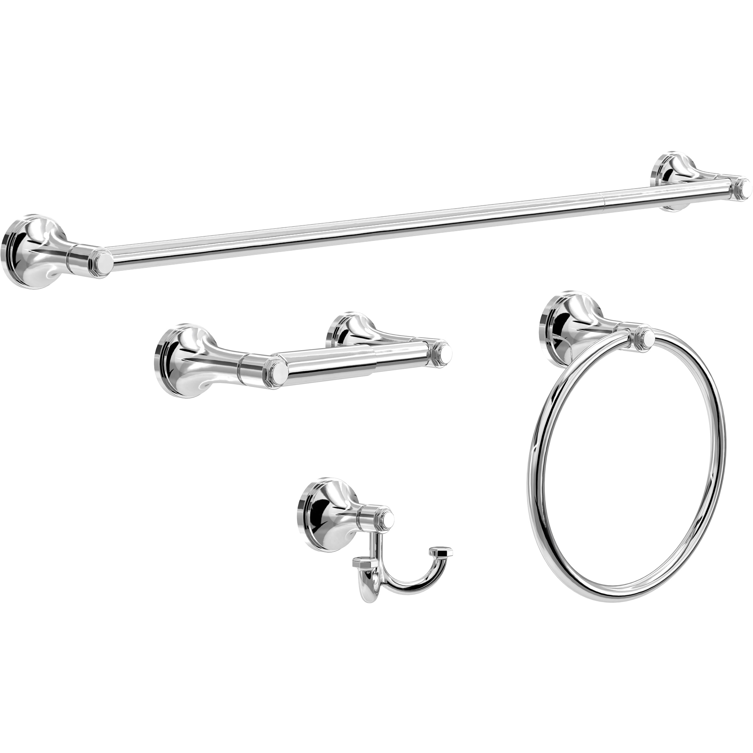 Juego de accesorios de baño decorativos de cromo pulido Woodruff de 4 piezas de Franklin Brass: barra de toalla, portarrollos, argolla para toalla y gancho para bata incluidos (WDRF64-PC)