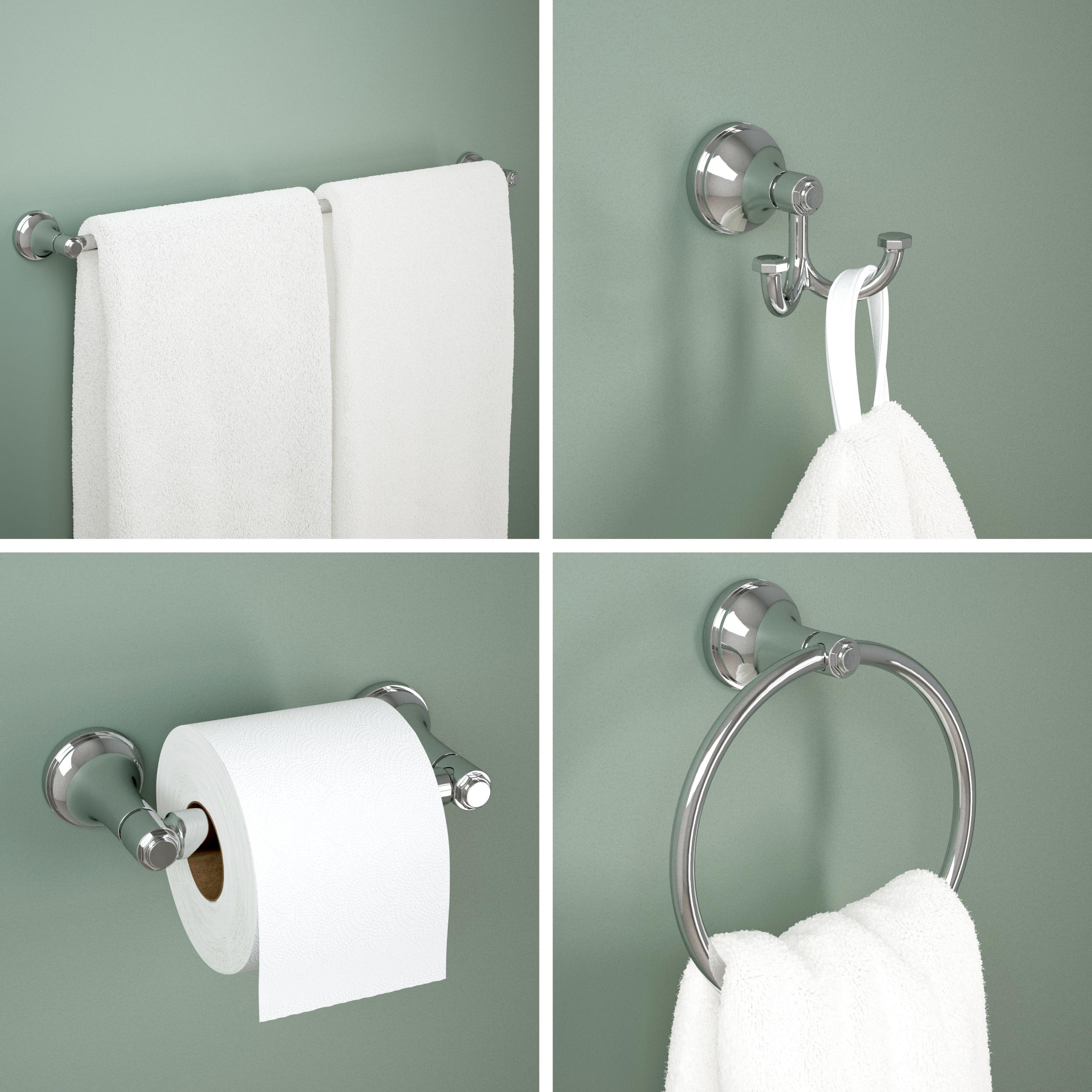 Juego de accesorios de baño decorativos de cromo pulido Woodruff de 4 piezas de Franklin Brass: barra de toalla, portarrollos, argolla para toalla y gancho para bata incluidos (WDRF64-PC)