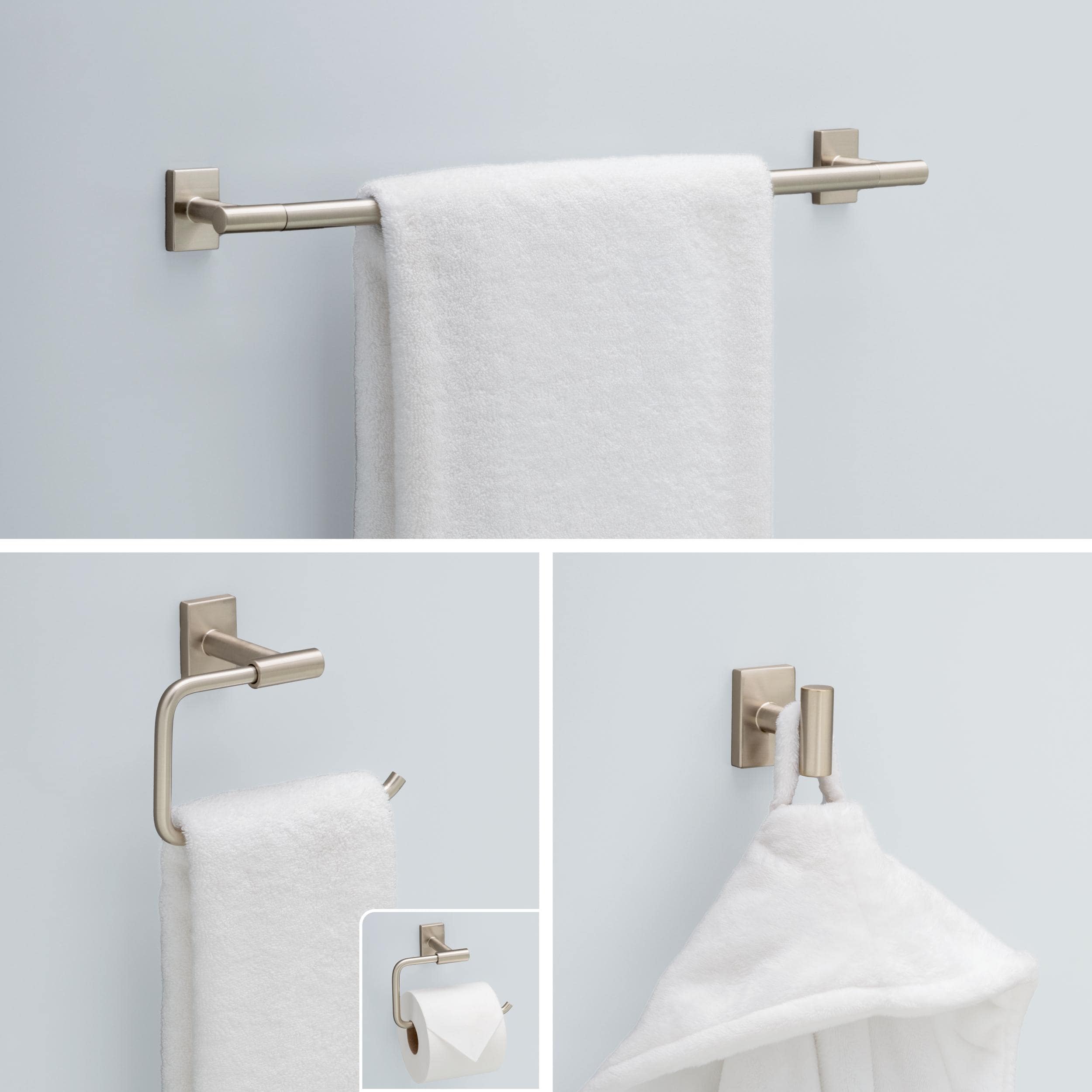 Juego de Accesorios de Baño Decorativos Hartwell de Níquel Satinado de 3 Piezas - Barra para Toallas, Anillo para Toallas, Gancho para Batas incluidos HRT63-SN