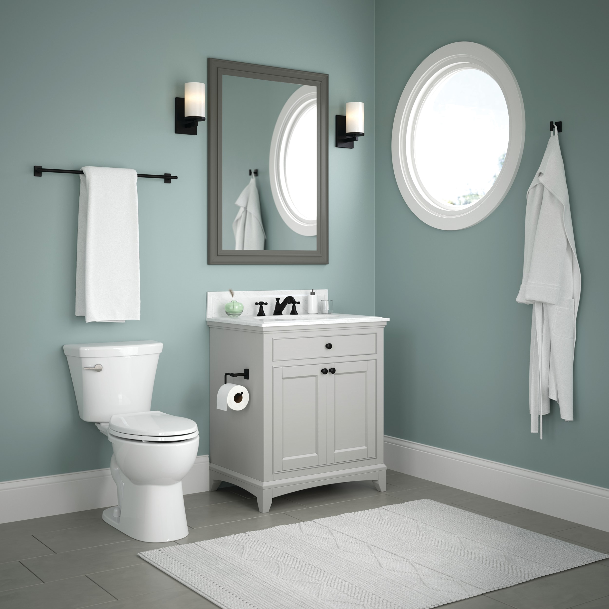 Juego de accesorios de baño decorativos Franklin Brass 3 piezas en negro mate Hartwell - Incluye barra para toallas, gancho para batas y anillo para toallas HRT63-MB