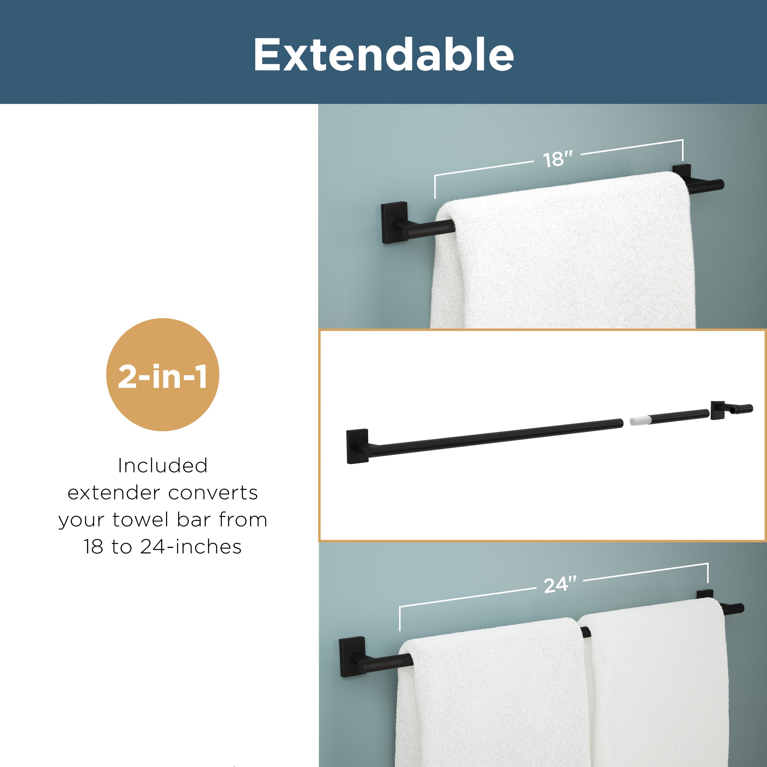 Juego de accesorios de baño decorativos Franklin Brass 3 piezas en negro mate Hartwell - Incluye barra para toallas, gancho para batas y anillo para toallas HRT63-MB