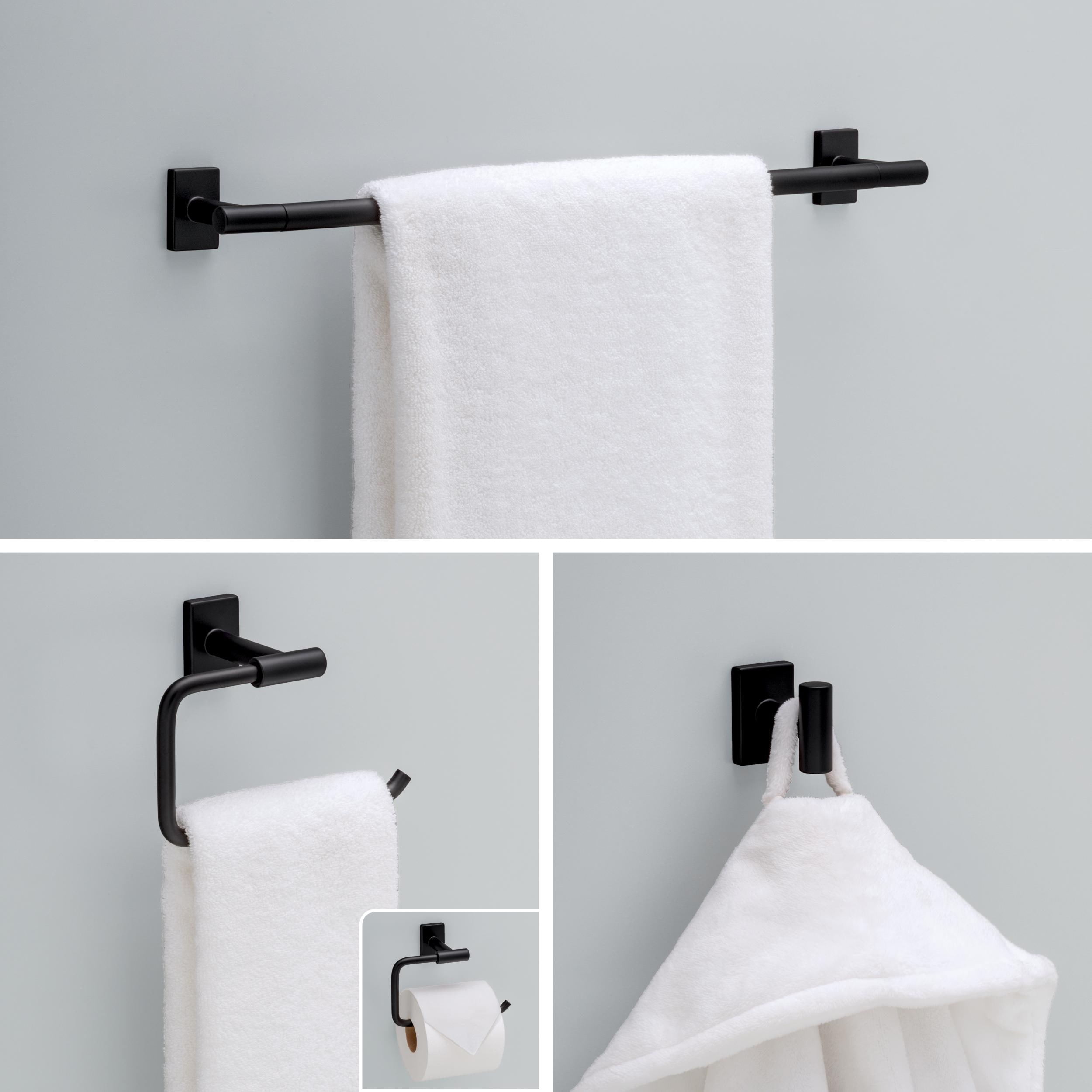 Juego de accesorios de baño decorativos Franklin Brass 3 piezas en negro mate Hartwell - Incluye barra para toallas, gancho para batas y anillo para toallas HRT63-MB
