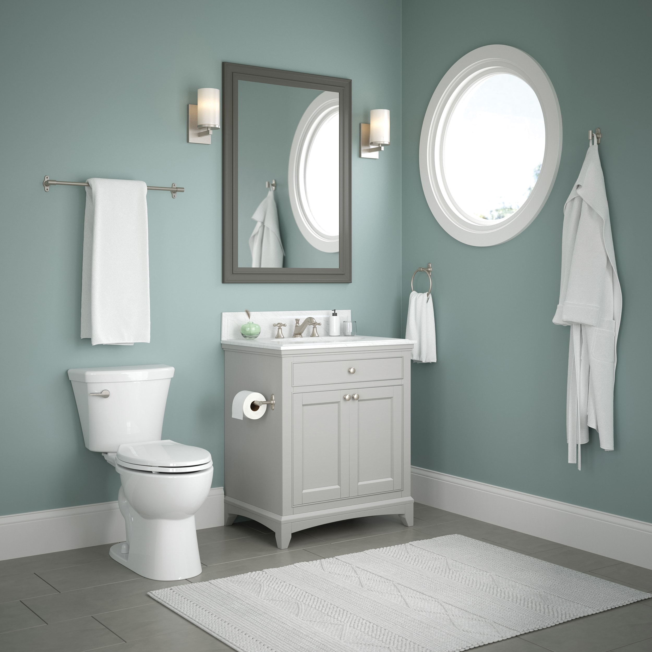 Juego de accesorios decorativos para baño en níquel satinado de 4 piezas Franklin Brass Calloway - incluye barra de toallas, porta papel higiénico, argolla de toallas y gancho para batas CLWY64-SN