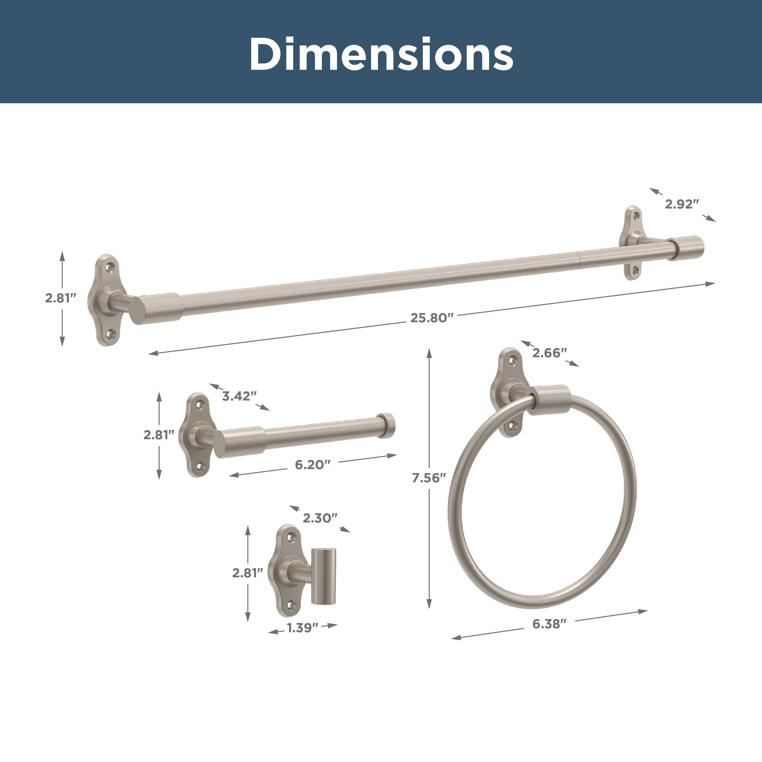 Juego de accesorios decorativos para baño en níquel satinado de 4 piezas Franklin Brass Calloway - incluye barra de toallas, porta papel higiénico, argolla de toallas y gancho para batas CLWY64-SN