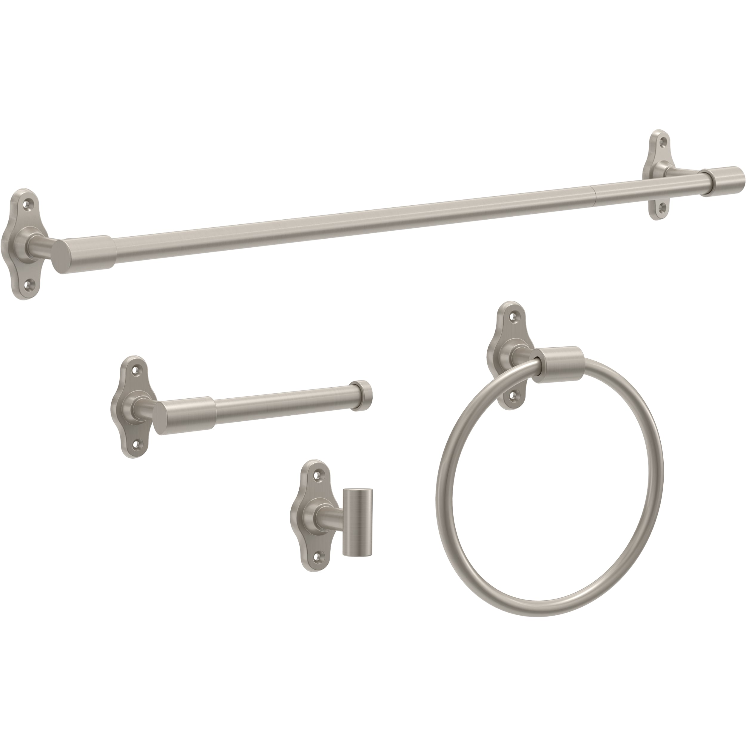 Juego de accesorios decorativos para baño en níquel satinado de 4 piezas Franklin Brass Calloway - incluye barra de toallas, porta papel higiénico, argolla de toallas y gancho para batas CLWY64-SN