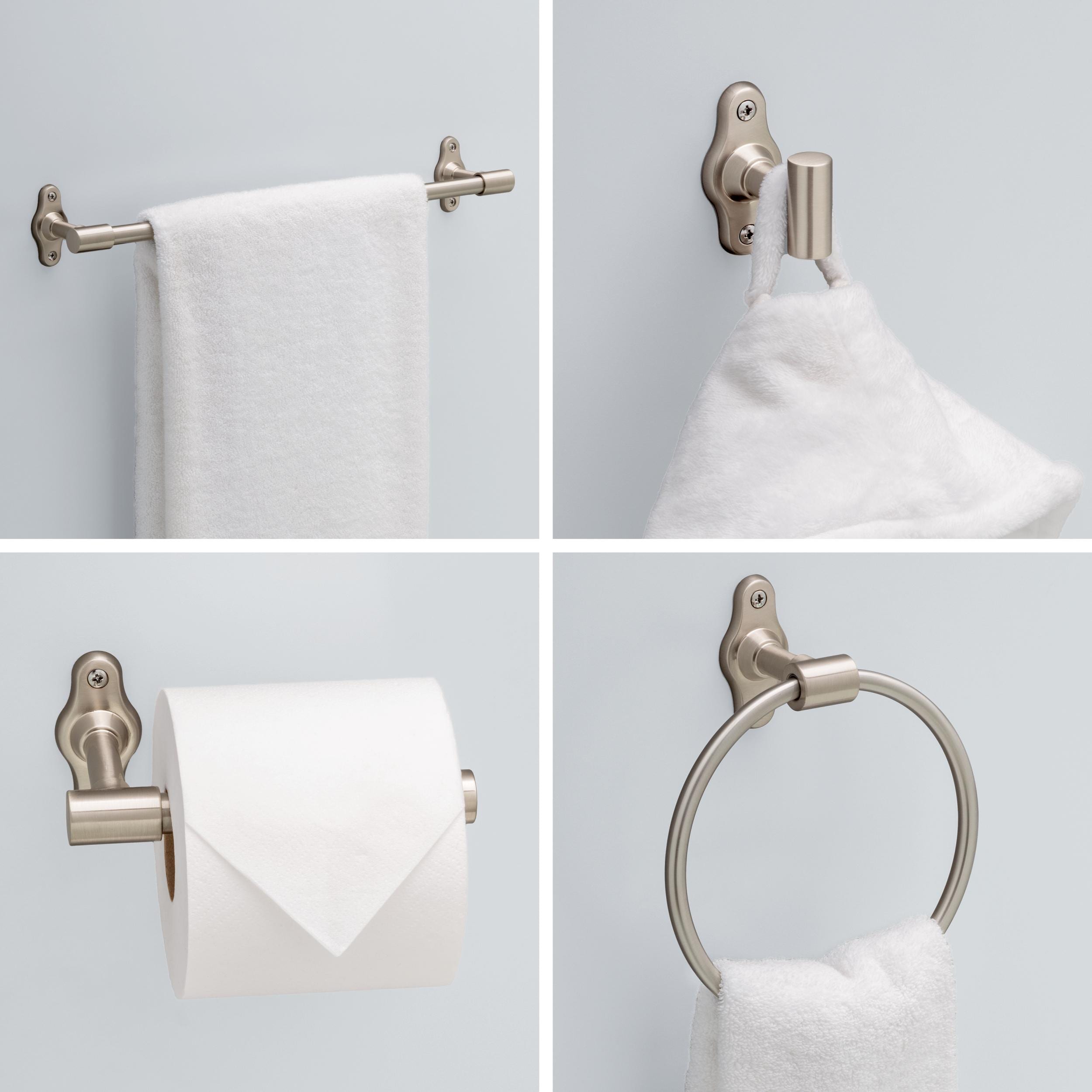 Juego de accesorios decorativos para baño en níquel satinado de 4 piezas Franklin Brass Calloway - incluye barra de toallas, porta papel higiénico, argolla de toallas y gancho para batas CLWY64-SN