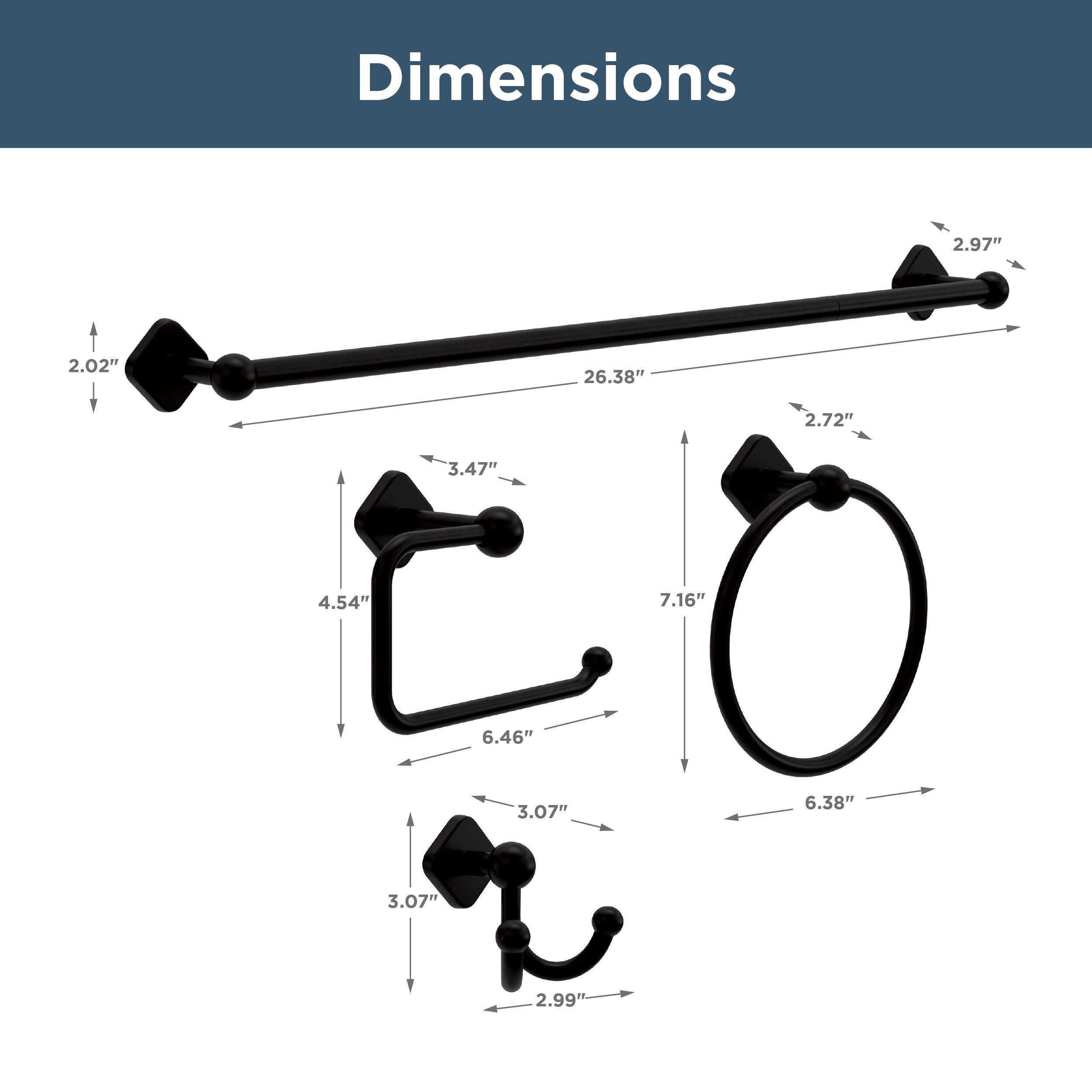Set de accesorios de baño decorativos en negro mate Gainesville de 4 piezas de Franklin Brass: barra de toallas, portarrollos, anillo de toalla y gancho para batas incluidos GNV64-MB.