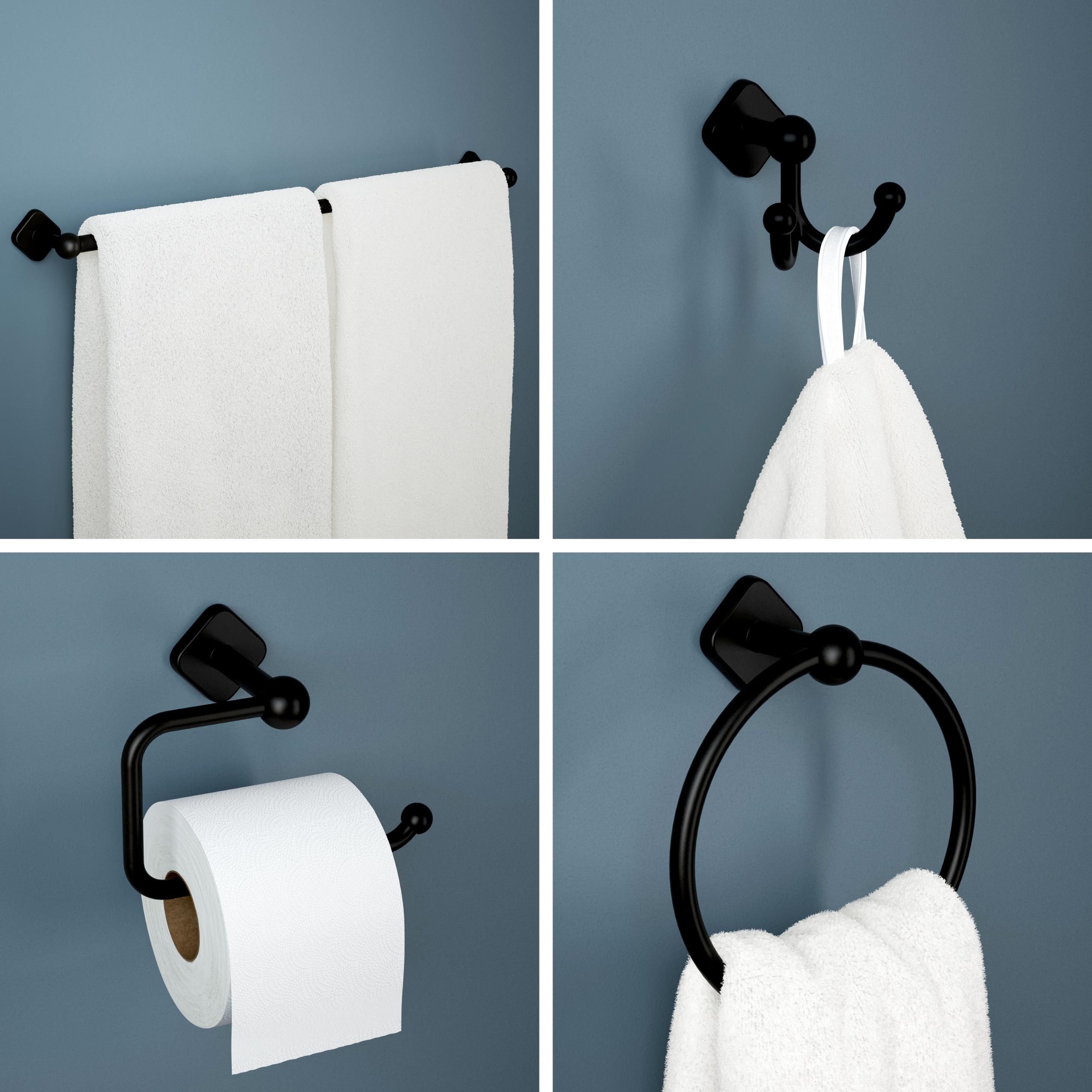 Set de accesorios de baño decorativos en negro mate Gainesville de 4 piezas de Franklin Brass: barra de toallas, portarrollos, anillo de toalla y gancho para batas incluidos GNV64-MB.