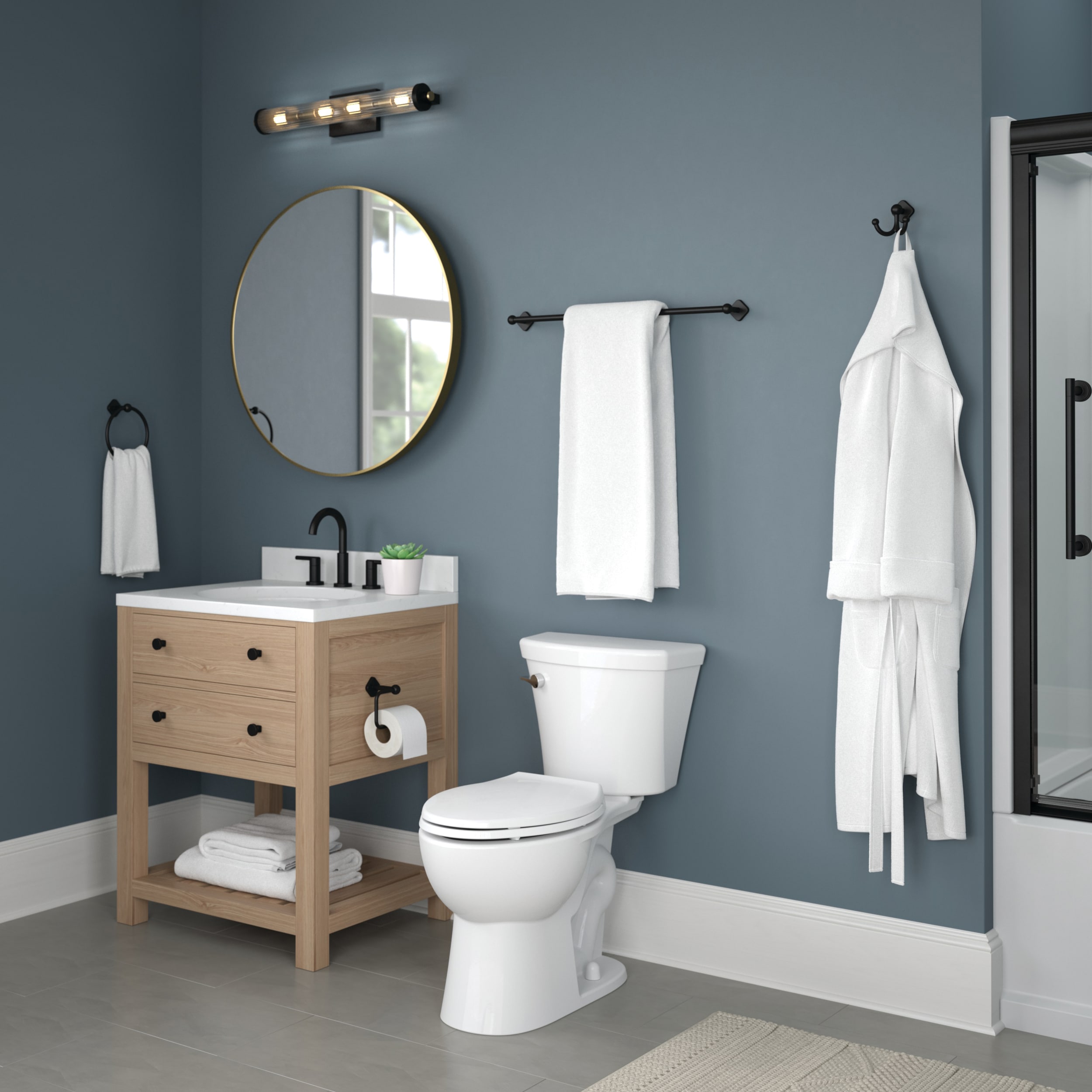 Set de accesorios de baño decorativos en negro mate Gainesville de 4 piezas de Franklin Brass: barra de toallas, portarrollos, anillo de toalla y gancho para batas incluidos GNV64-MB.