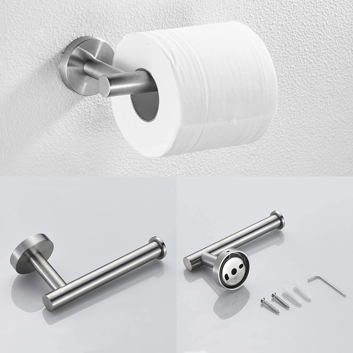 Set de accesorios para baño decorativos de níquel cepillado de 3 piezas - Barra para toallas, porta papel higiénico, y gancho para batas incluidos Q-875-OTOP