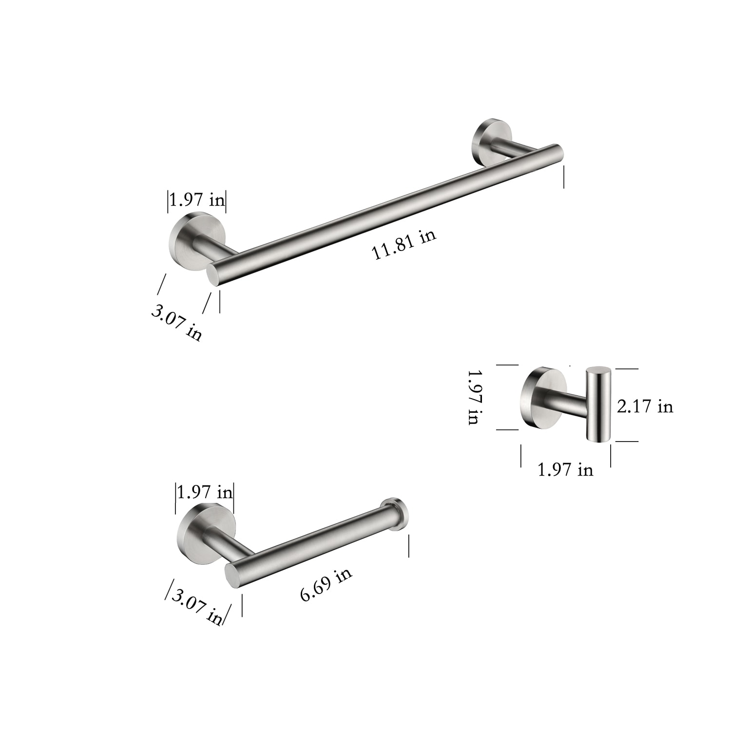 Set de accesorios para baño decorativos de níquel cepillado de 3 piezas - Barra para toallas, porta papel higiénico, y gancho para batas incluidos Q-875-OTOP