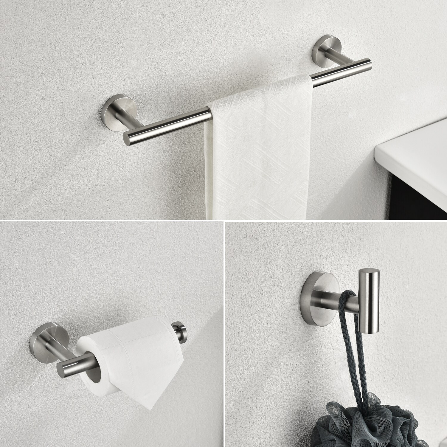 Set de accesorios para baño decorativos de níquel cepillado de 3 piezas - Barra para toallas, porta papel higiénico, y gancho para batas incluidos Q-875-OTOP